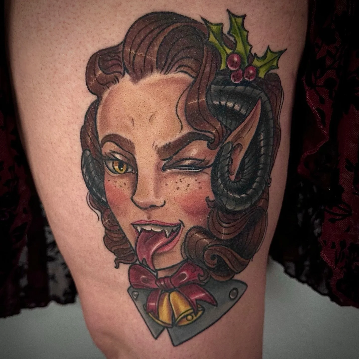 Here&rsquo;s my little lady Krampus predrawn healed a year. Thanks so much, Kiara. 🎄
.
.
.
.
#oregon #tattoos