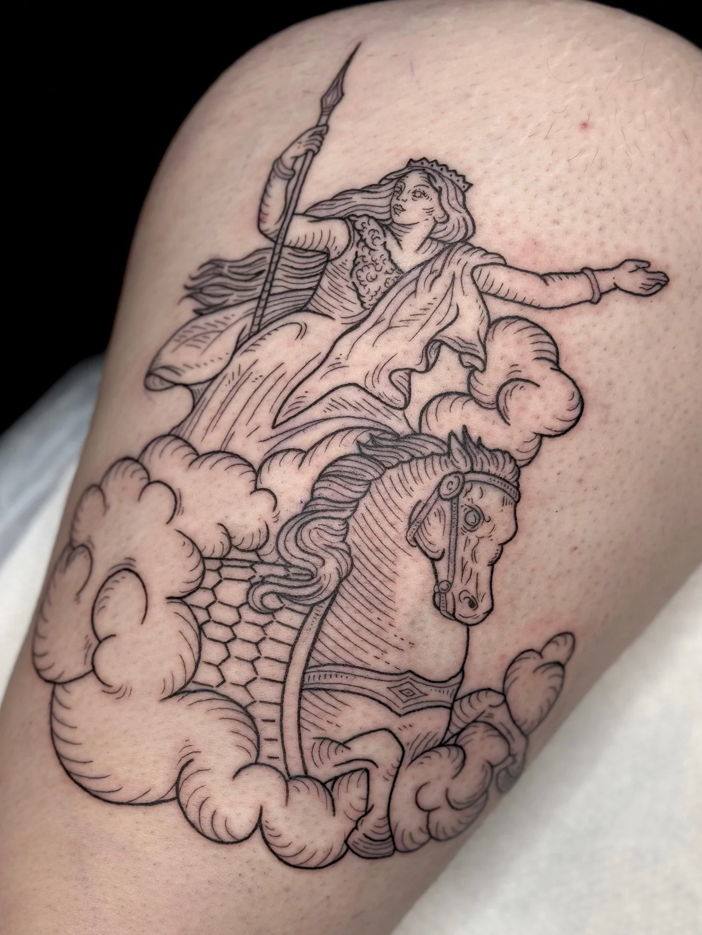Boudica Queen of War for Sarah 
I love tattooing powerful magick women 🌚

Done at @wildroseeugene 

My books are open for May and I&rsquo;d love to tattoo you! Customs and flash all welcome, booking link in bio 🖤

#medievaltattoo #etchingtattoo #en
