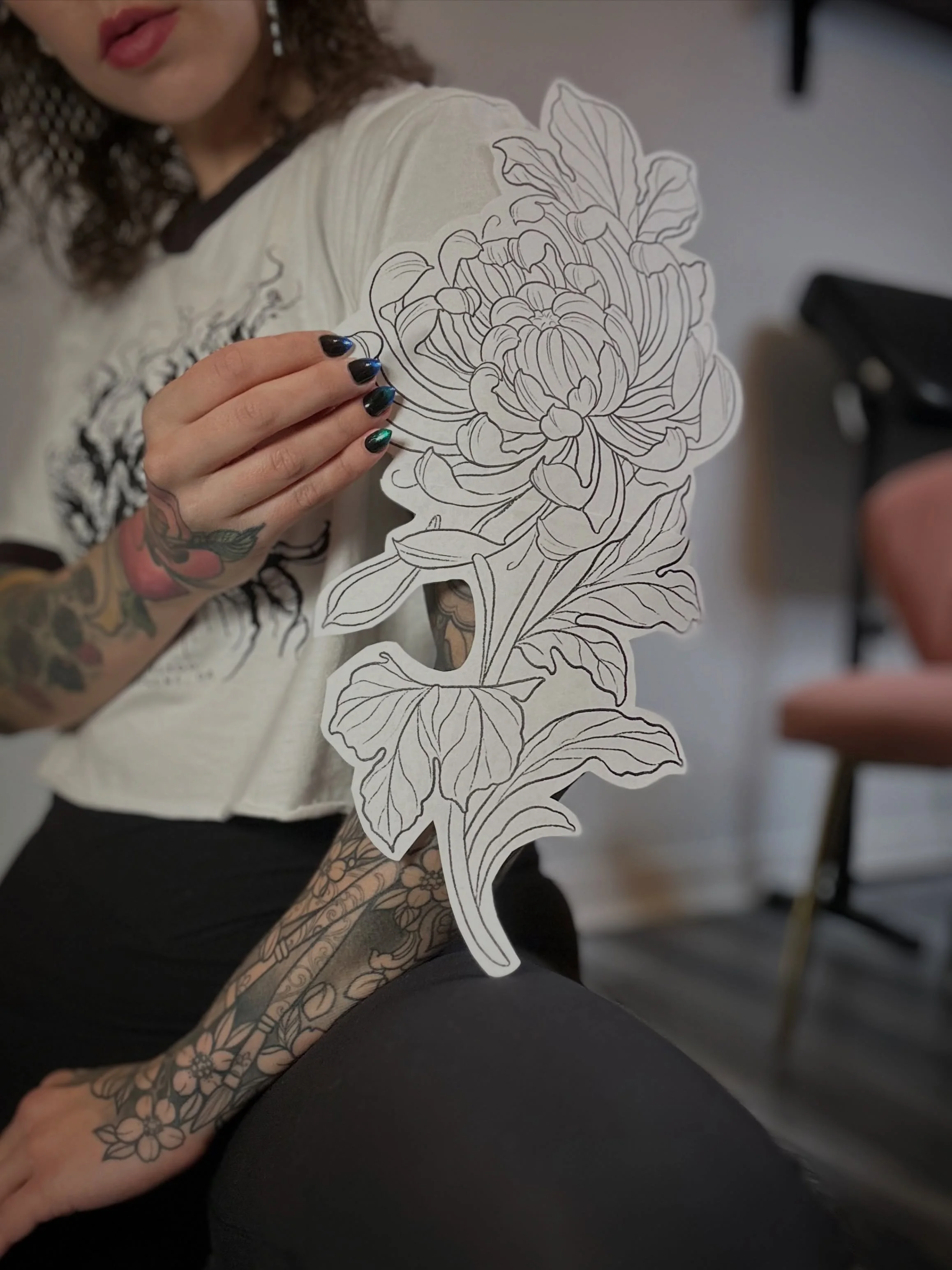*Available!*

Some placement ideas for this large chrysanthemum piece! I&rsquo;m just feeling the big stuff when I draw lately! I&rsquo;m envisioning rich color on this one.
.

Any tummy/hip placement is not for the faint of heart! 
.
I&rsquo;m booki