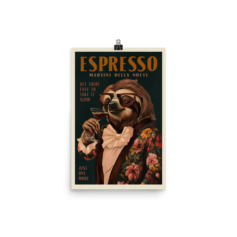 Vintage Art Deco Espresso Martini Sloth Alcohol Poster