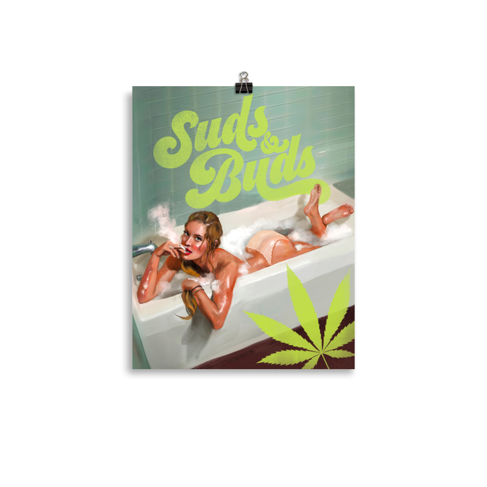 Suds & Buds Vintage Marijuana Poster. Sexy Retro Pinup Girl Bathroom Wall Art