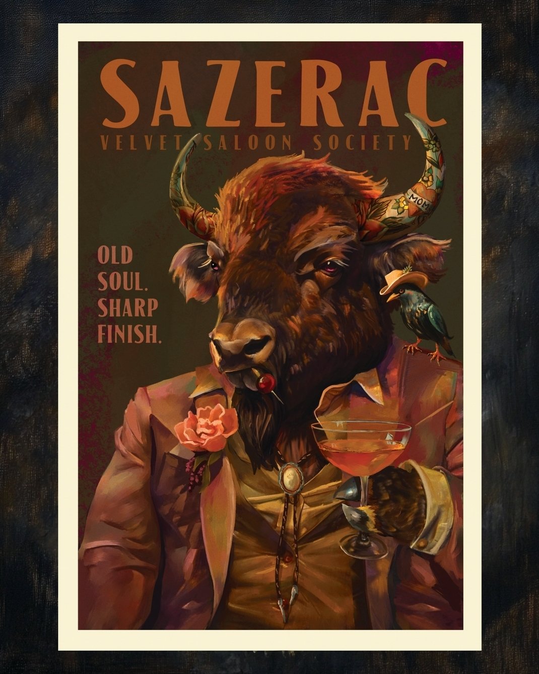 He doesn&rsquo;t speak unless the moment calls for it.
When it does? He stirs the room.
.
Available now in the shop. Link in bio. 🥃💜 #cocktailcreatures #sazeracbison #barcartart