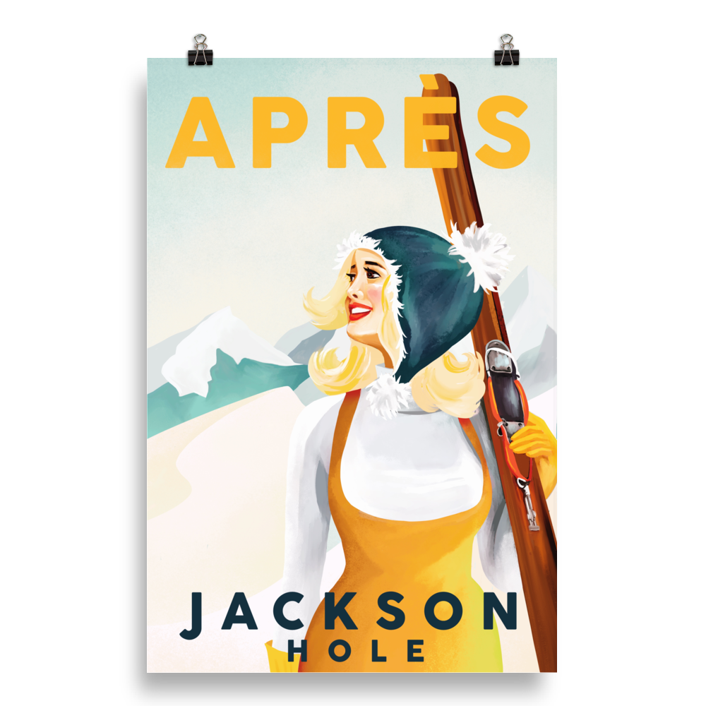 Vintage Jackson Hole Skiing Poster. Apres Ski Pinup Girl Skiing Wall Art