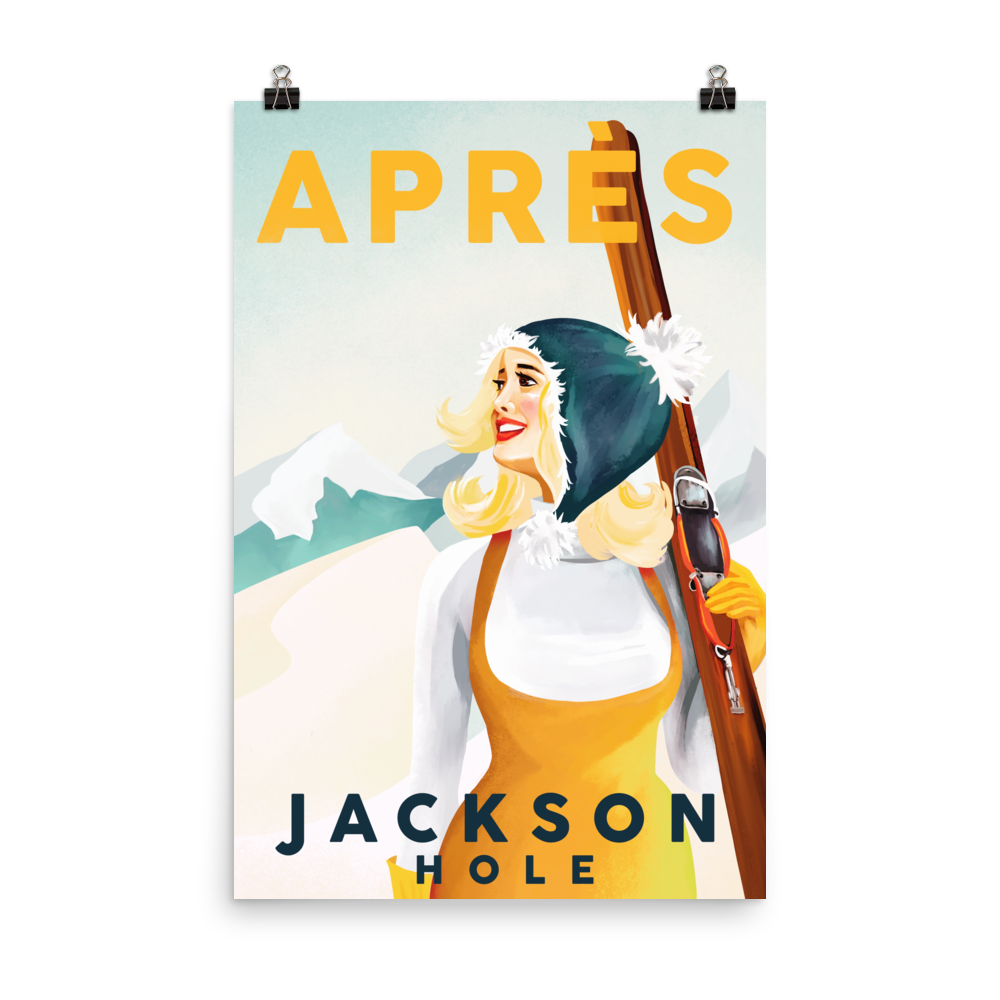 Vintage Jackson Hole Skiing Poster. Apres Ski Pinup Girl Skiing Wall Art