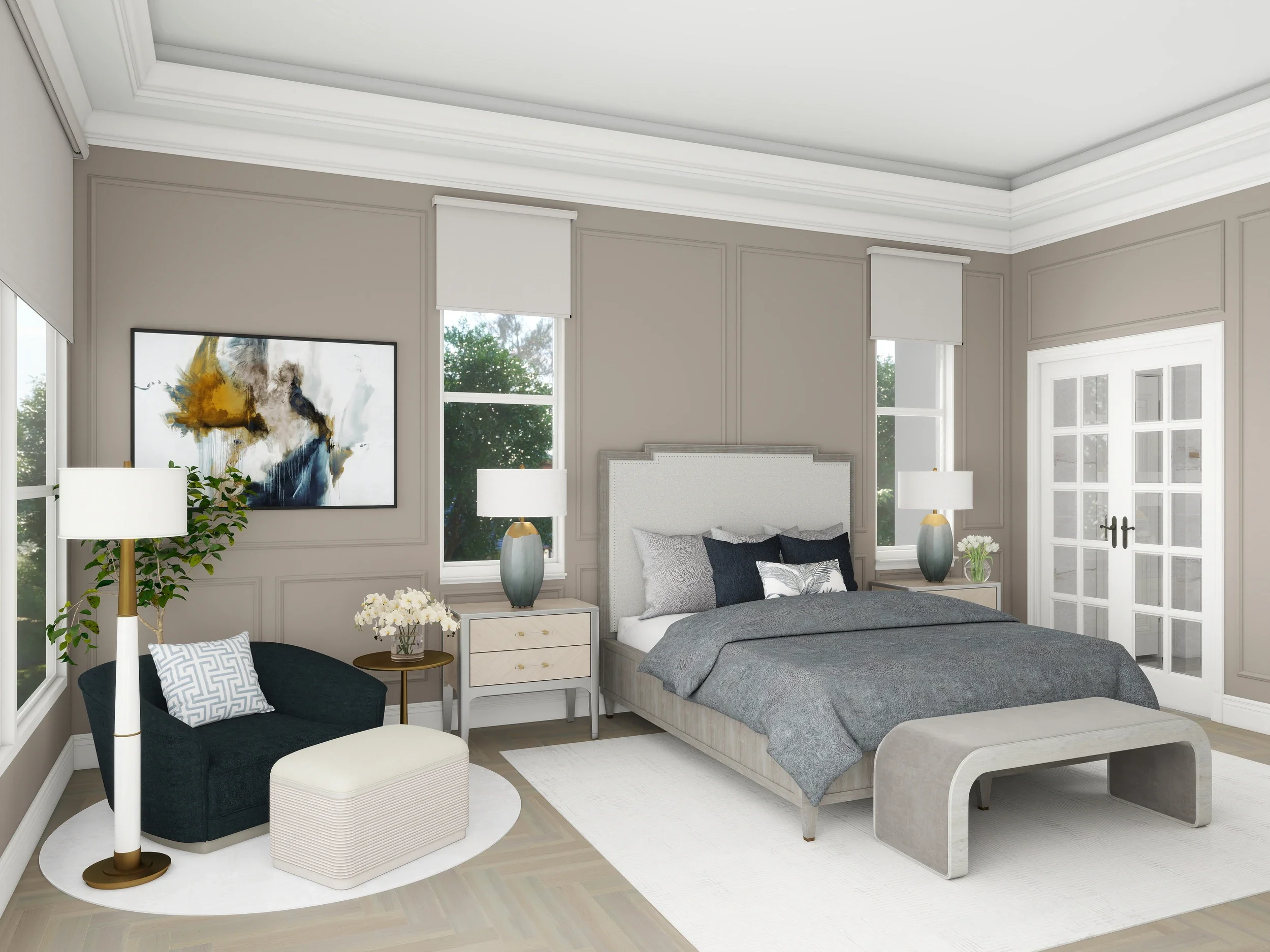 Transitional Primary Bedroom 3D photorealistic rendering 2.webp