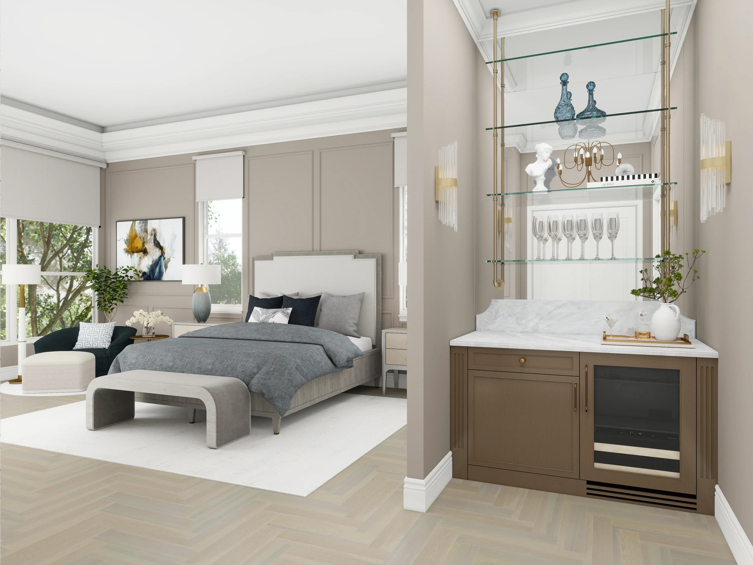 Transitional Primary Bedroom 3D photorealistic rendering 1.webp