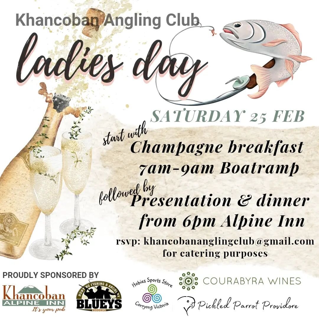Pickled Parrot is proud to sponsor the champagne breakfast along with @courabyrawines for the local Ladies Day Comp this Saturday -  looking forward to wetting a line

#khancoban #snowymountainsnsw #snowyvalleys #courabyrawines #khancobanalpineinn #k