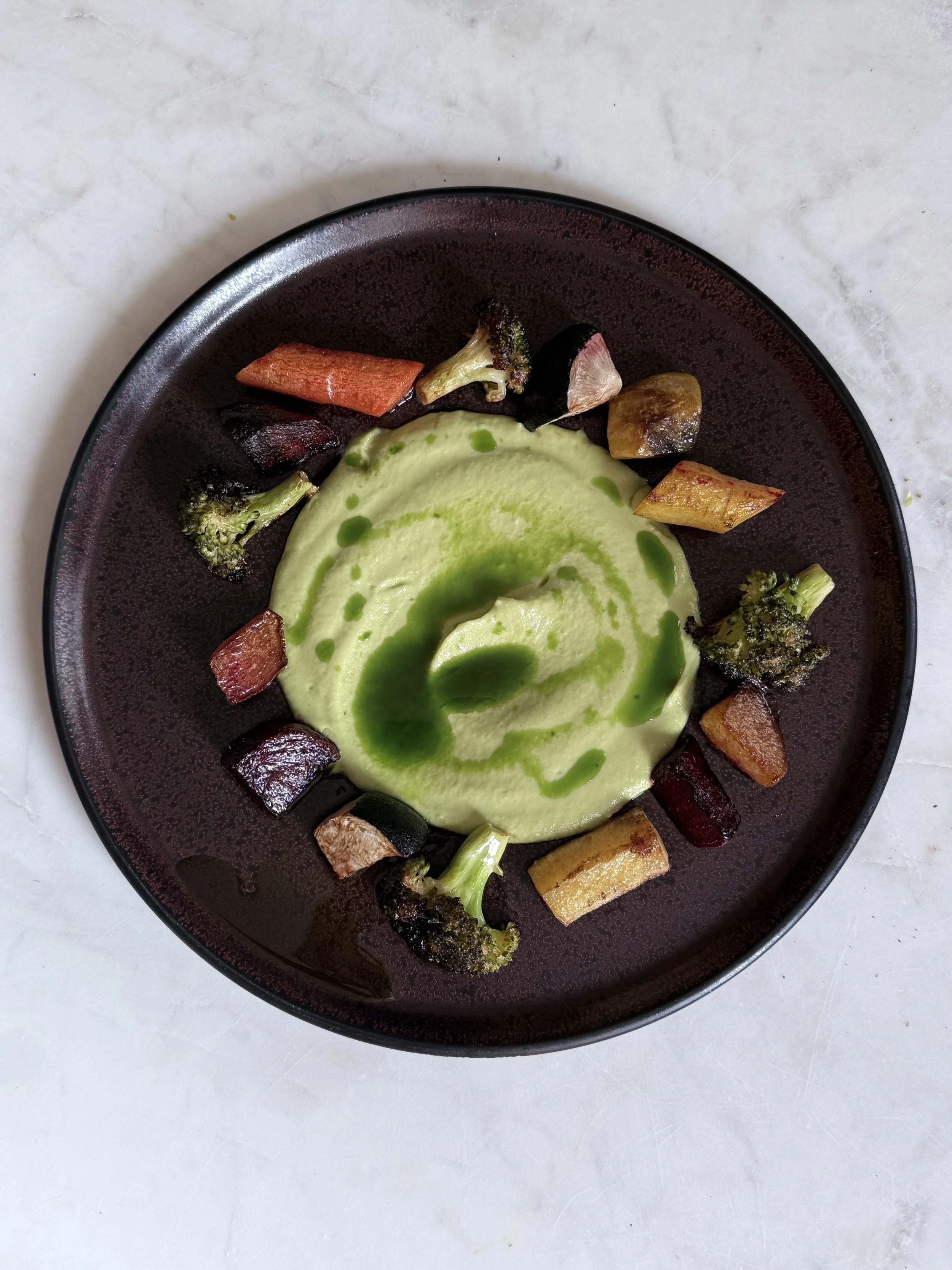 Roasted vegetables and edamame puree