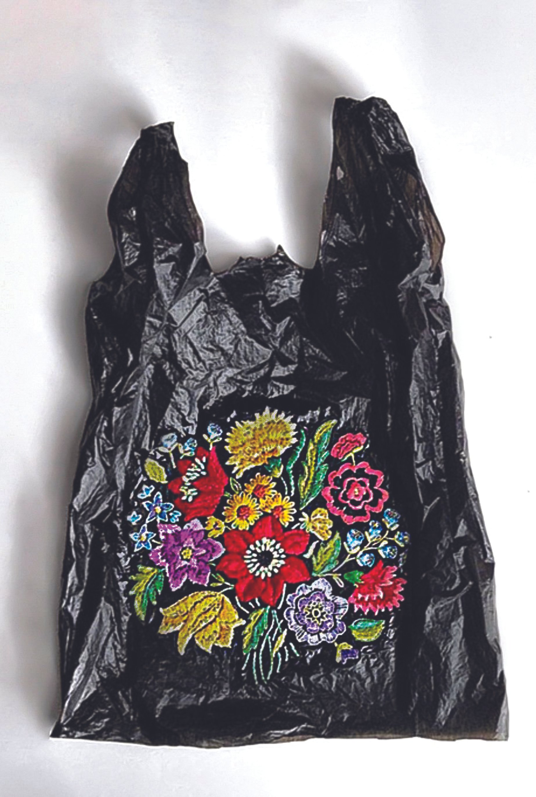 Black plastic bag with colorful embroidered floral design