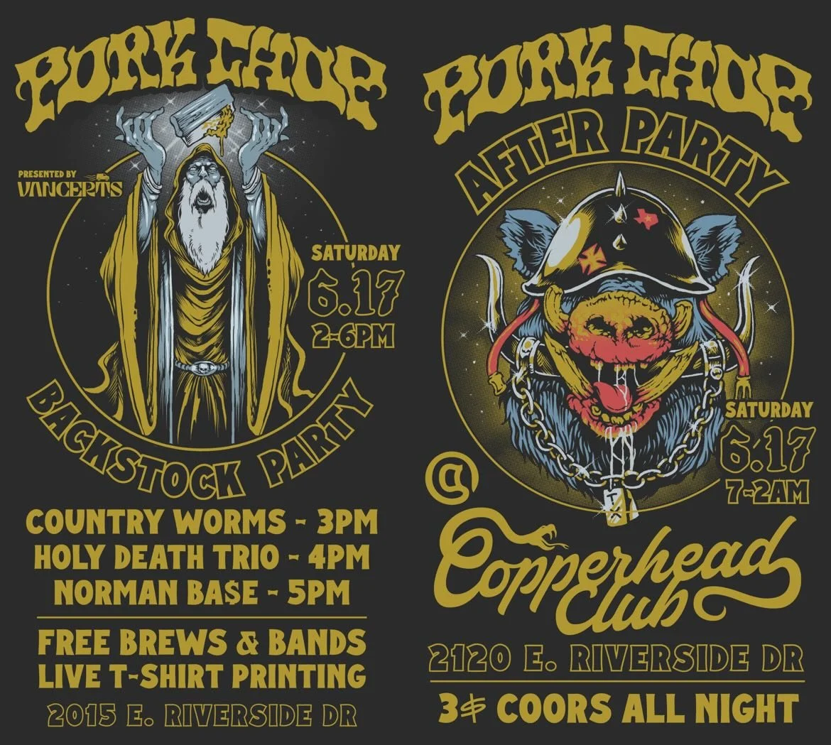 Event poster for Pork Hunter after-party at Copperhead Club featuring band performances, with a wizard casting spells and a sinister pig wearing a helmet and chains.