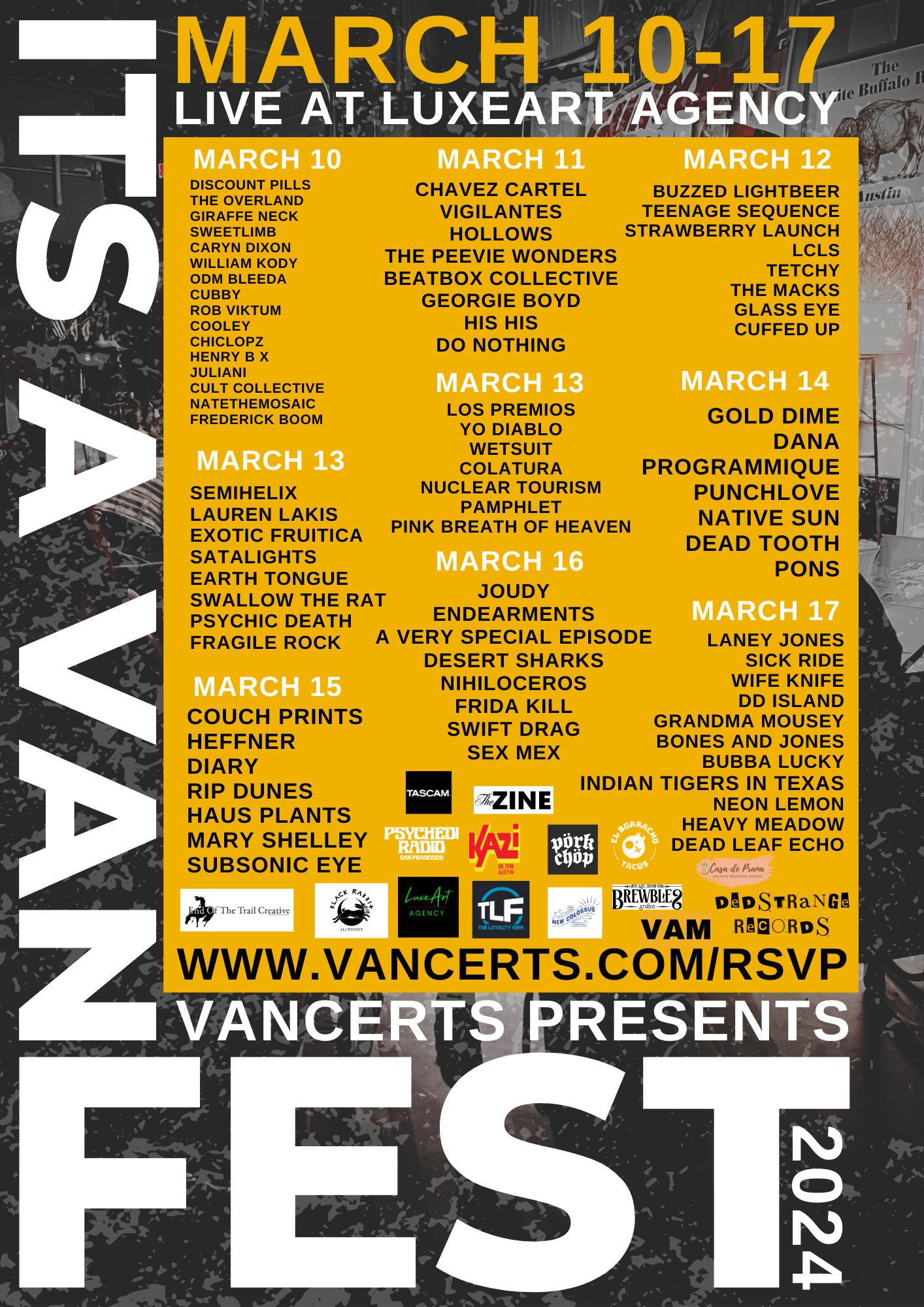 Festival poster with the title 'El Bombrack Fest 2024' at LuxEart Agency, March 10-17, featuring daily lineups of bands and performers listed by date, including bands like Discount Pills, Chávez Cartel, The PeeWee Wonders, Los Premios, and Laney Jone