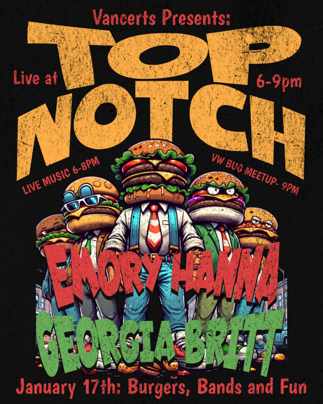 A colorful poster for a live music event called 'Top Notch' featuring Emory Hanna and Georgia Britt. The event is presented by Vancerts, taking place on January 17th from 6-9 pm, with live music from 6-8 pm and a VW bug meetup at 9 pm. The poster has