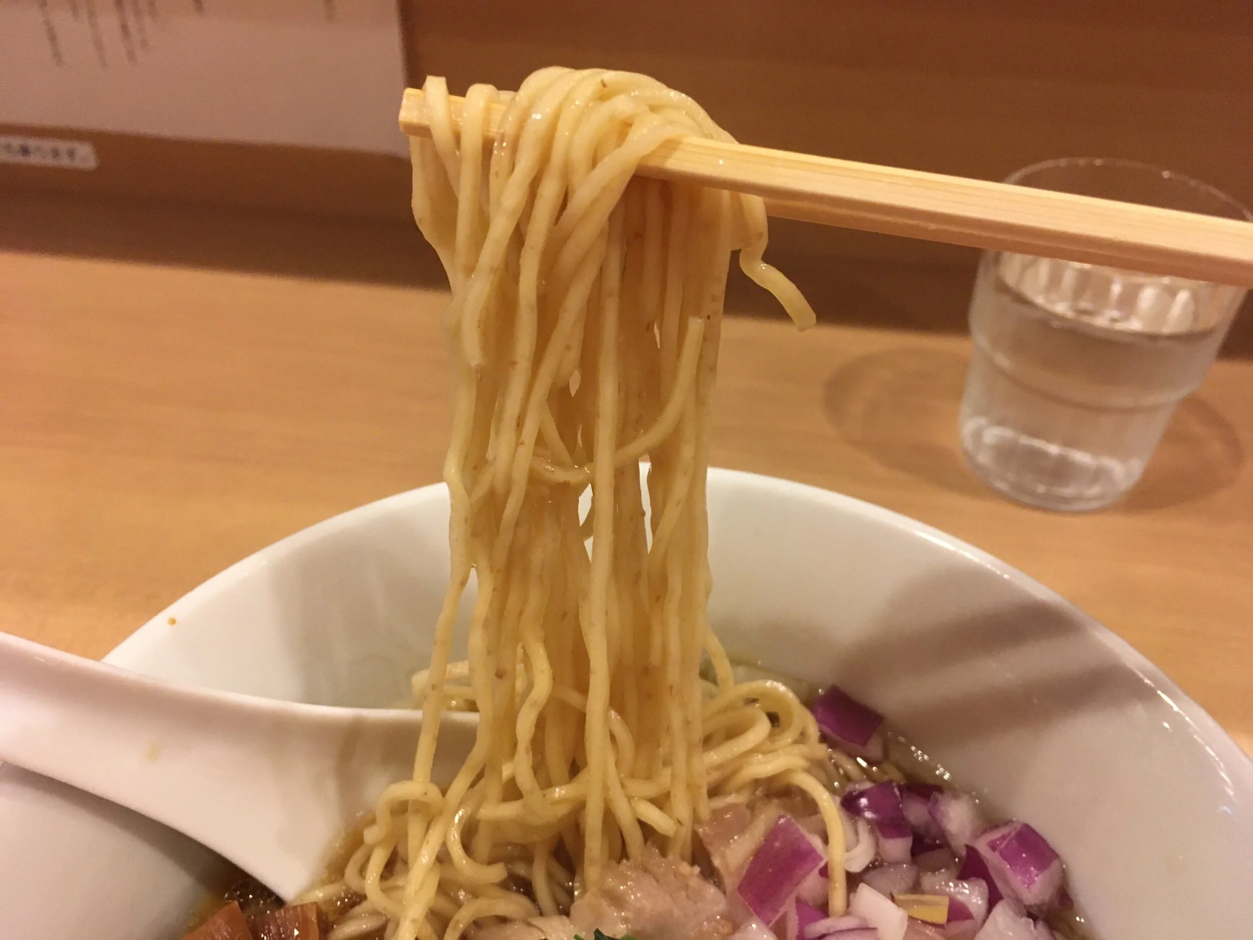 Whole wheat flour noodles at Mentei Shimada with dark flour specks