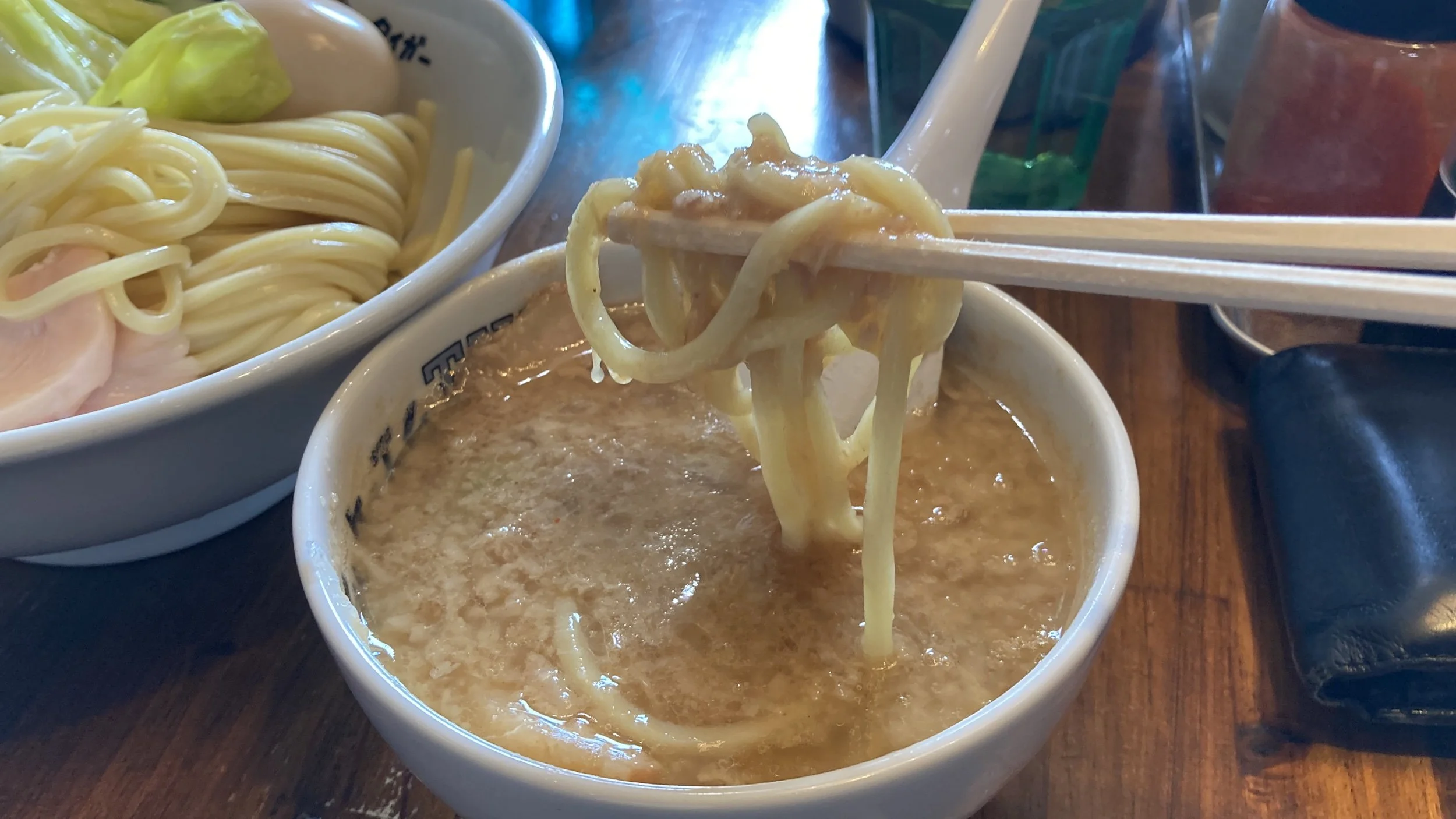 Super rich and fatty tonkotsu tsukemen with lots of seabura pork back fat.