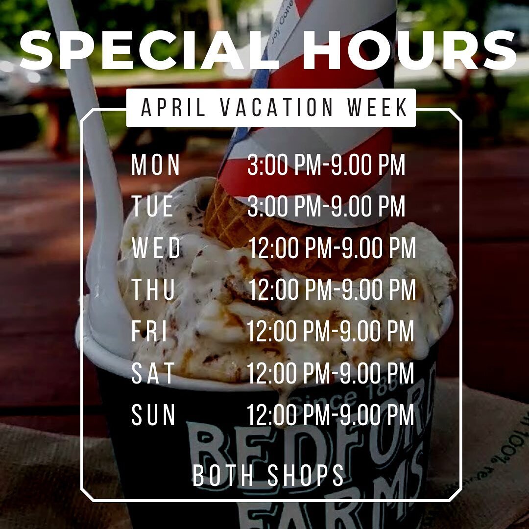 🚨Special Hours Alert!
This vacation week, both our Bedford and Concord shops have special hours🍦😎 
#bedfordfarms #bedfordfarmsicecream #greatdayforicecream #gdfic