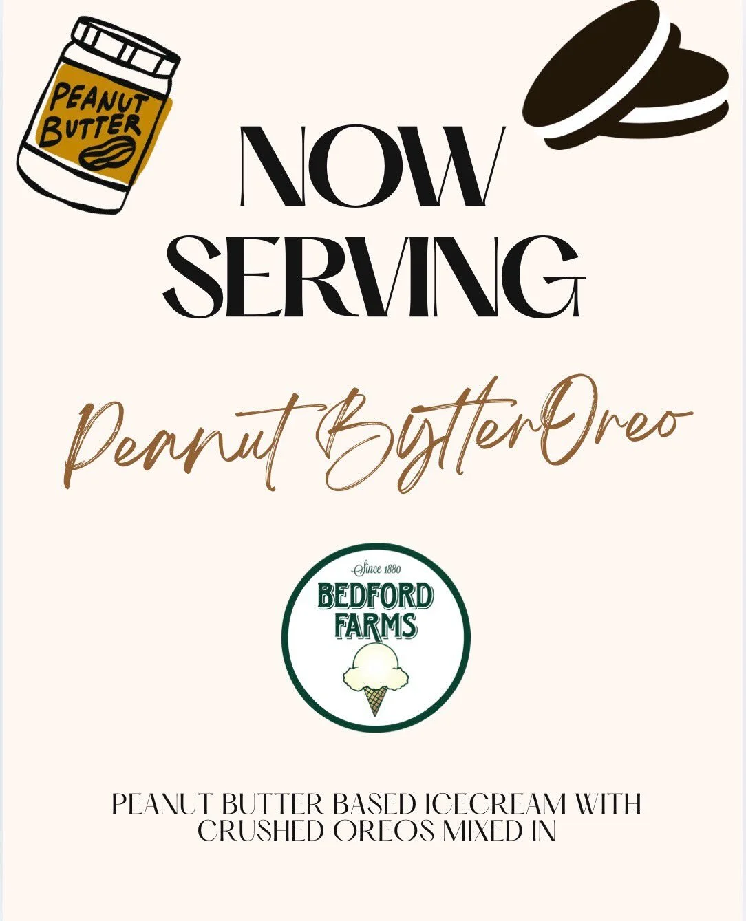 ‼️NEW FLAVOR ALERT‼️

Our NEW Peanut Butter Oreo is here! Rich peanut butter ice cream loaded with Oreo pieces for the ultimate sweet-and-salty combo.🍦🥜

Available for a limited time so come try it while it&rsquo;s here!

🚨BEDFORD LOCATION ONLY🚨
