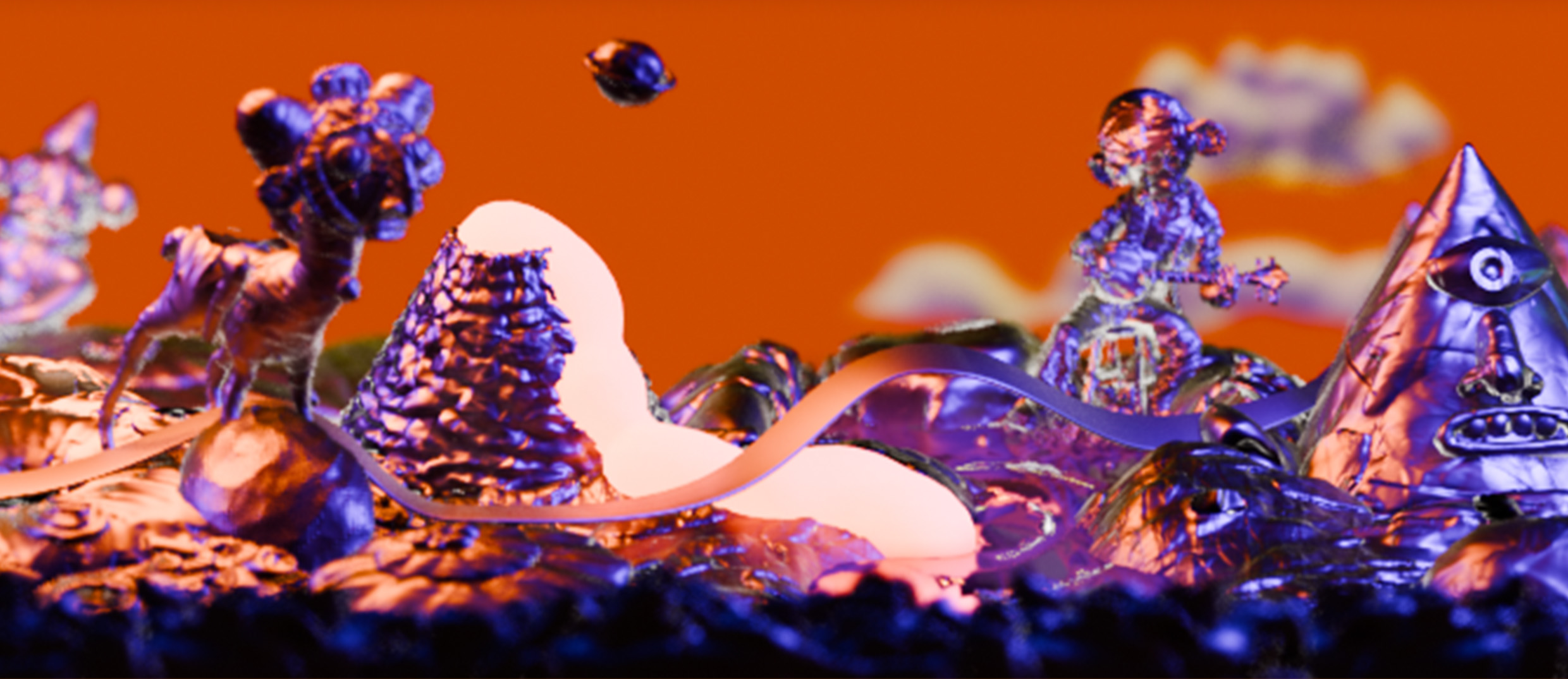 Digital illustration of small humanoid figures with exaggerated features riding and climbing on surreal, metallic purple and pink landscape with abstract shapes and clouds, set against an orange background.