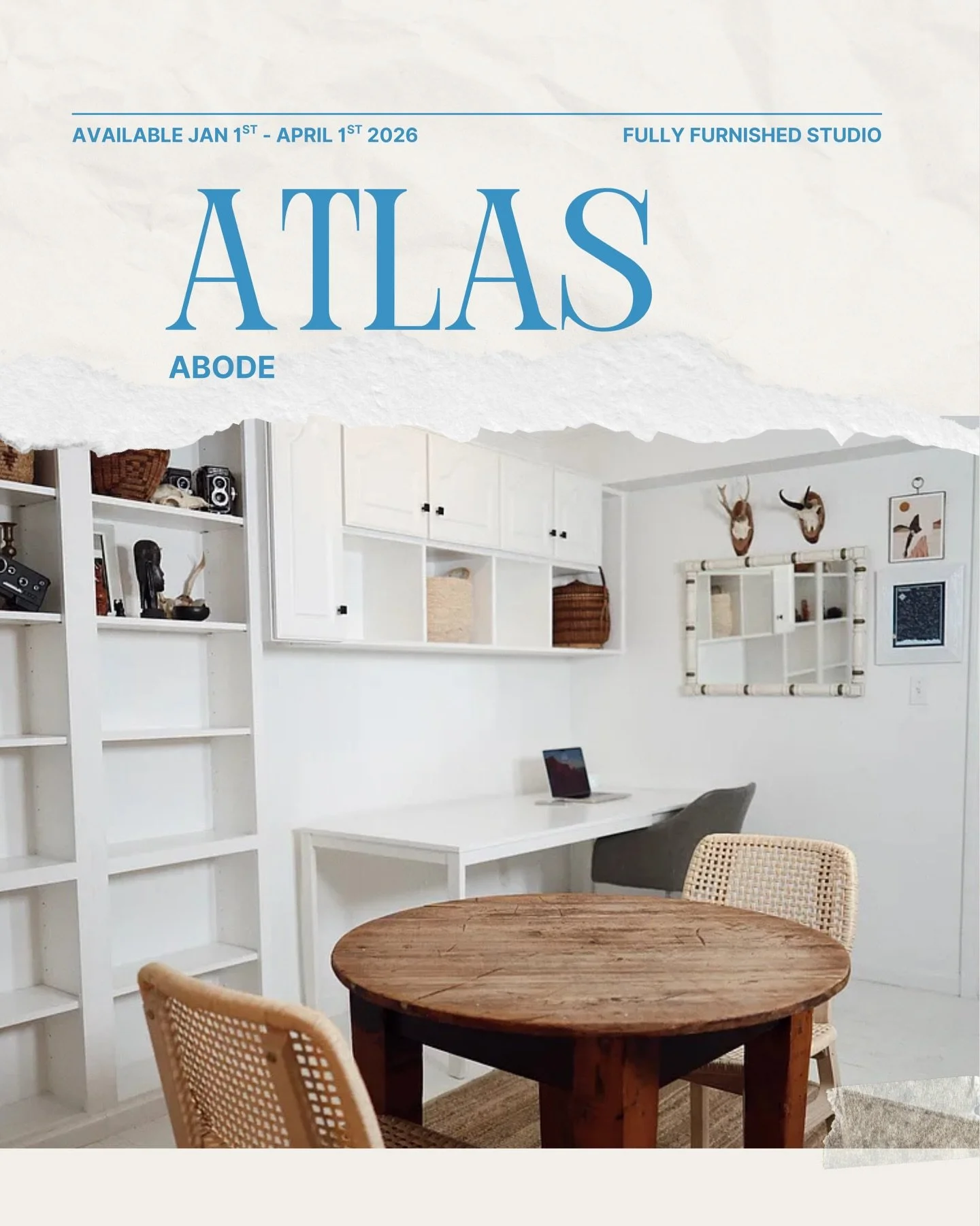 welcome home, to atlas abode.

fully furnished studio apartment 
available 1/1 to 4/1 

all info can be found at bit.ly/43NFPft 🤍