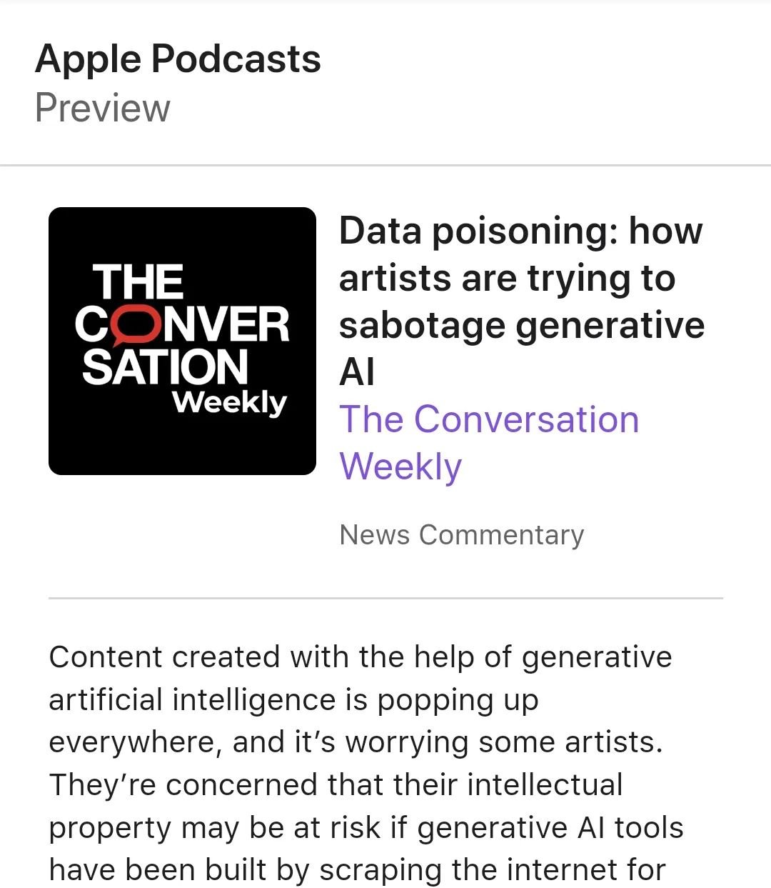 An existential topic, not just for artists, writers, photographers and filmakers everywhere, but for the creative capital and skills development that has enriched humanity since time began. 

https://podcasts.apple.com/gb/podcast/the-conversation-wee