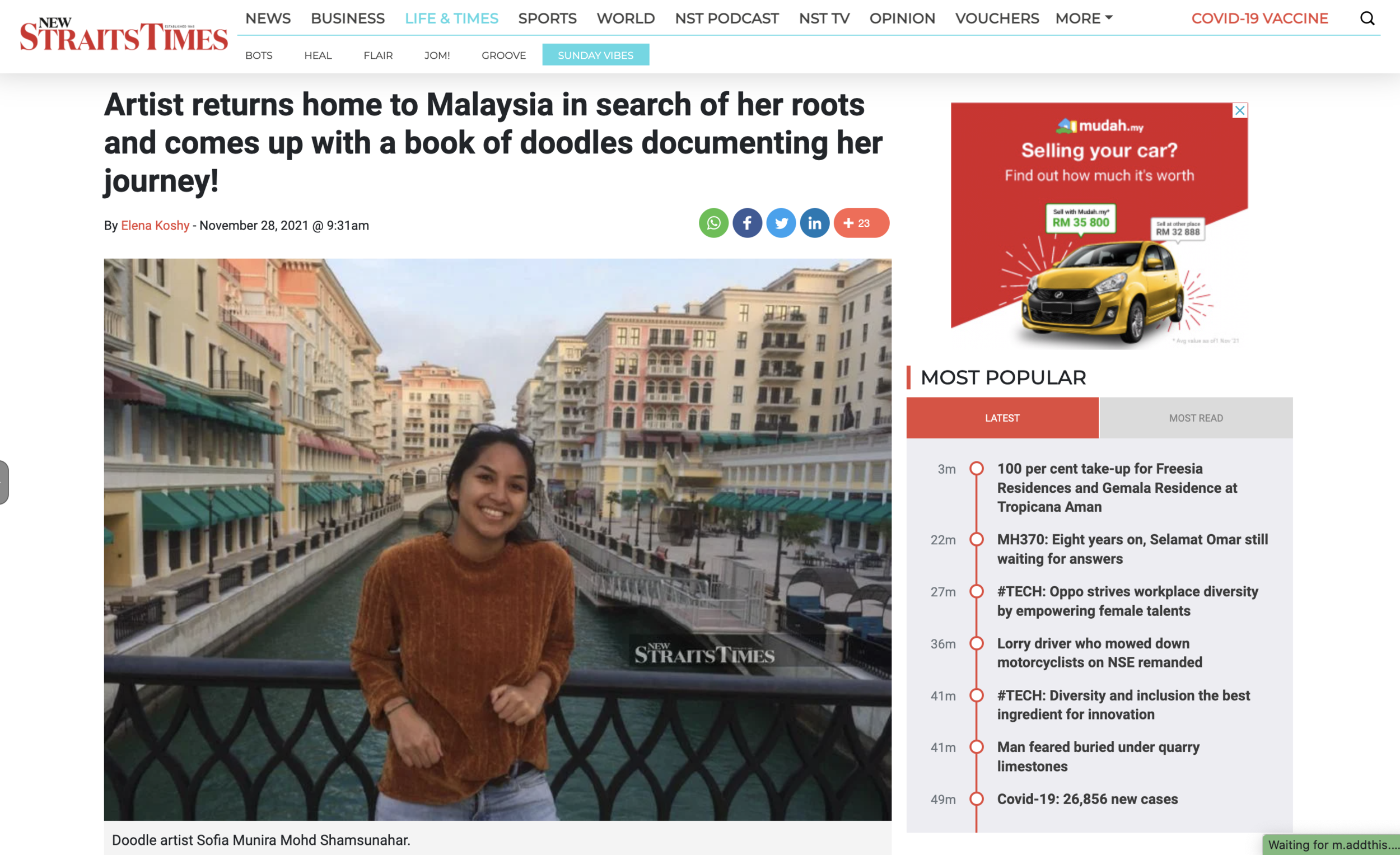 NEW STRAITS TIMES - Artist Returns Home to Malaysia in Search of Her Roots and Comes Up With a Book of Doodles Documenting Her Journey! - By Elena Koshy -  November 28, 2021 