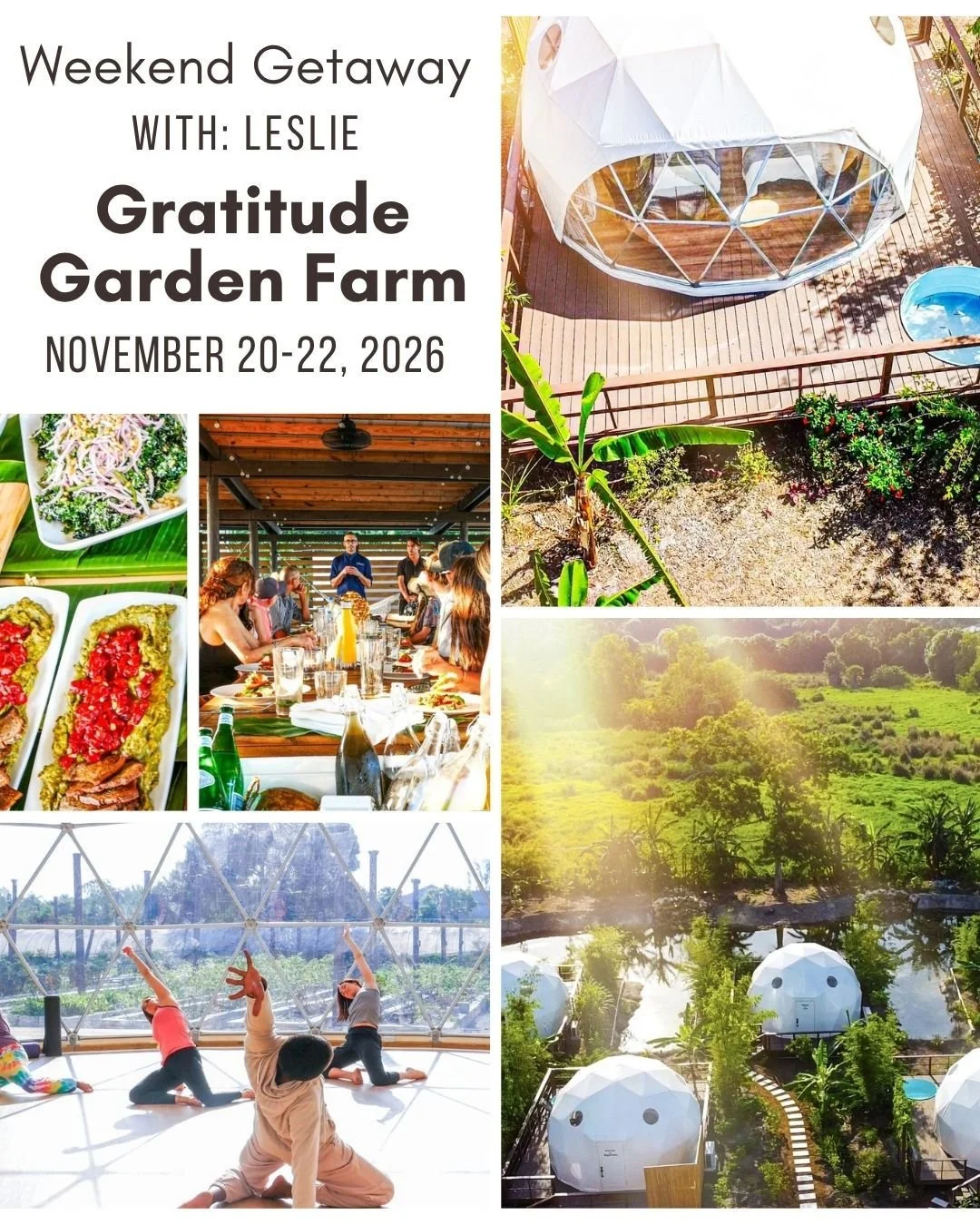 Join Leslie for a weekend retreat at a hidden gem right here in Palm Beach County. Nestled on a beautiful certified organic farm, we'll spend two nights reconnecting with nature, ourselves, and our practices.

Enjoy nourishing farm-to-table meals pre