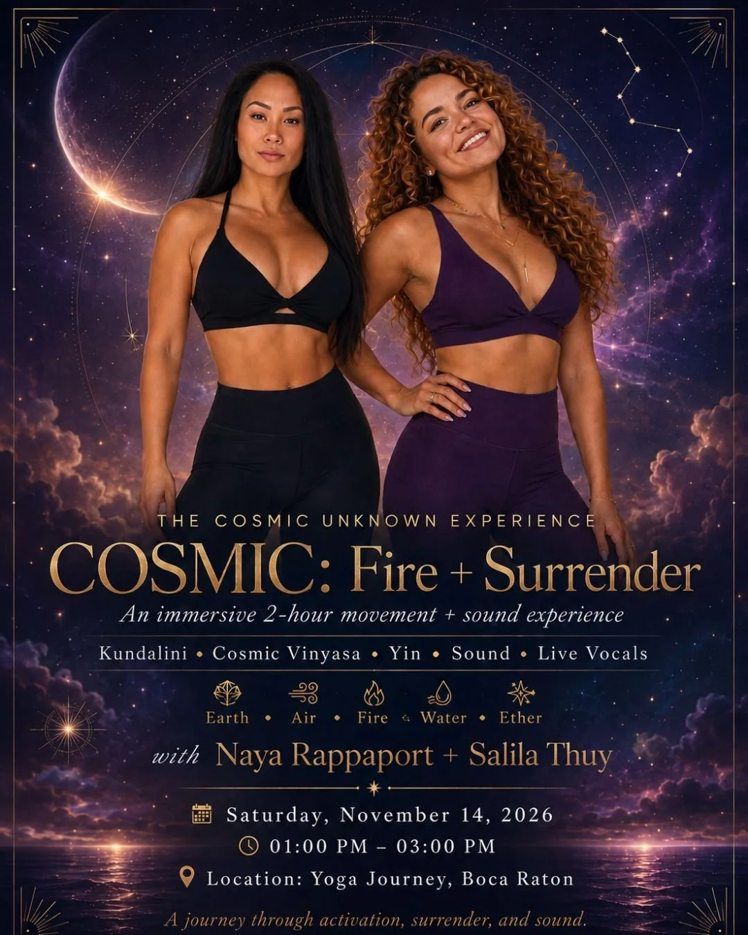 Cosmic Fire &amp; Surrender is an invitation to move through the full arc of a practice &mdash; from grounding and awakening to activation, release, and deep rest.

We&rsquo;ll use the five elements as our guide, allowing Earth to ground us, Air to a