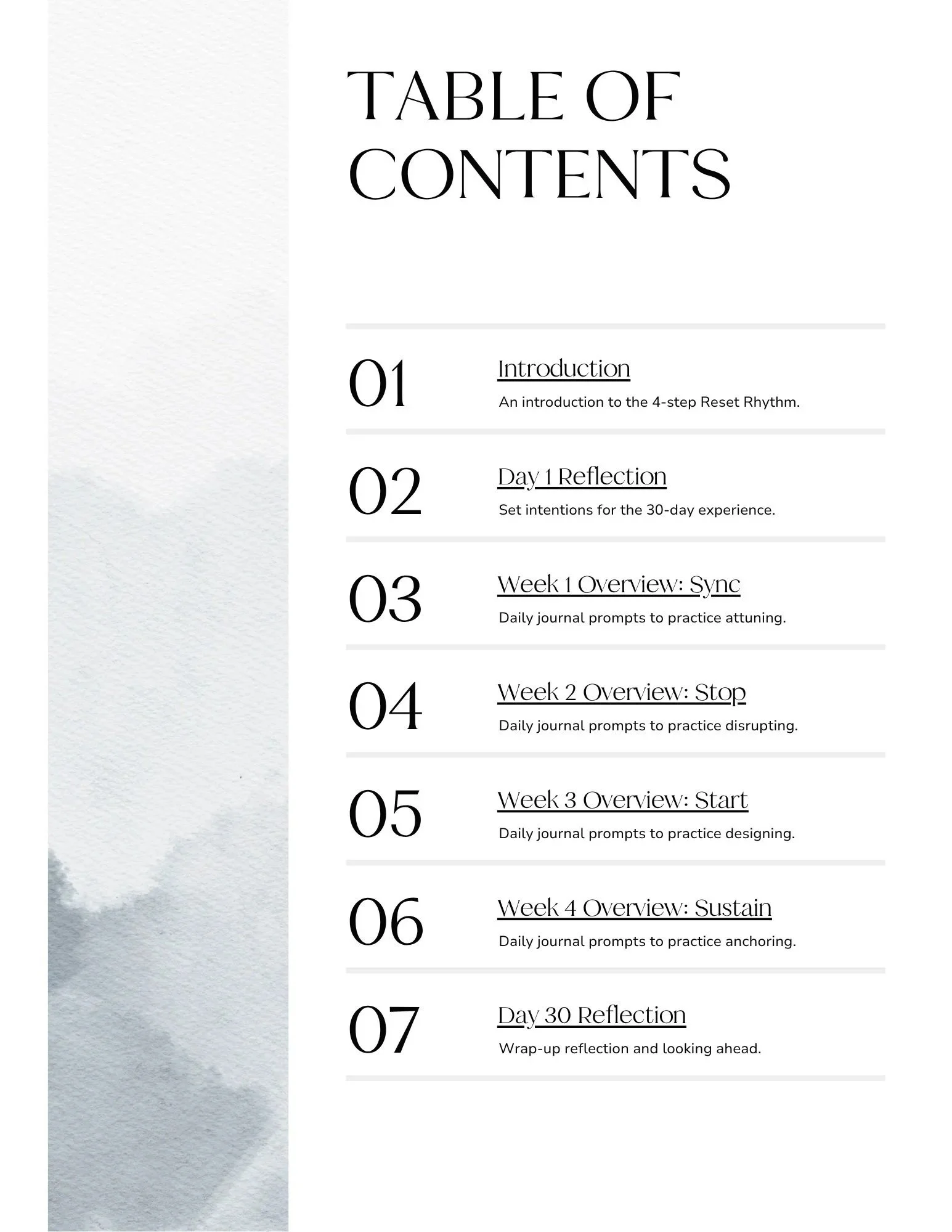 Mindset reset journal table of contents showing the four-week Reset Rhythm structure
