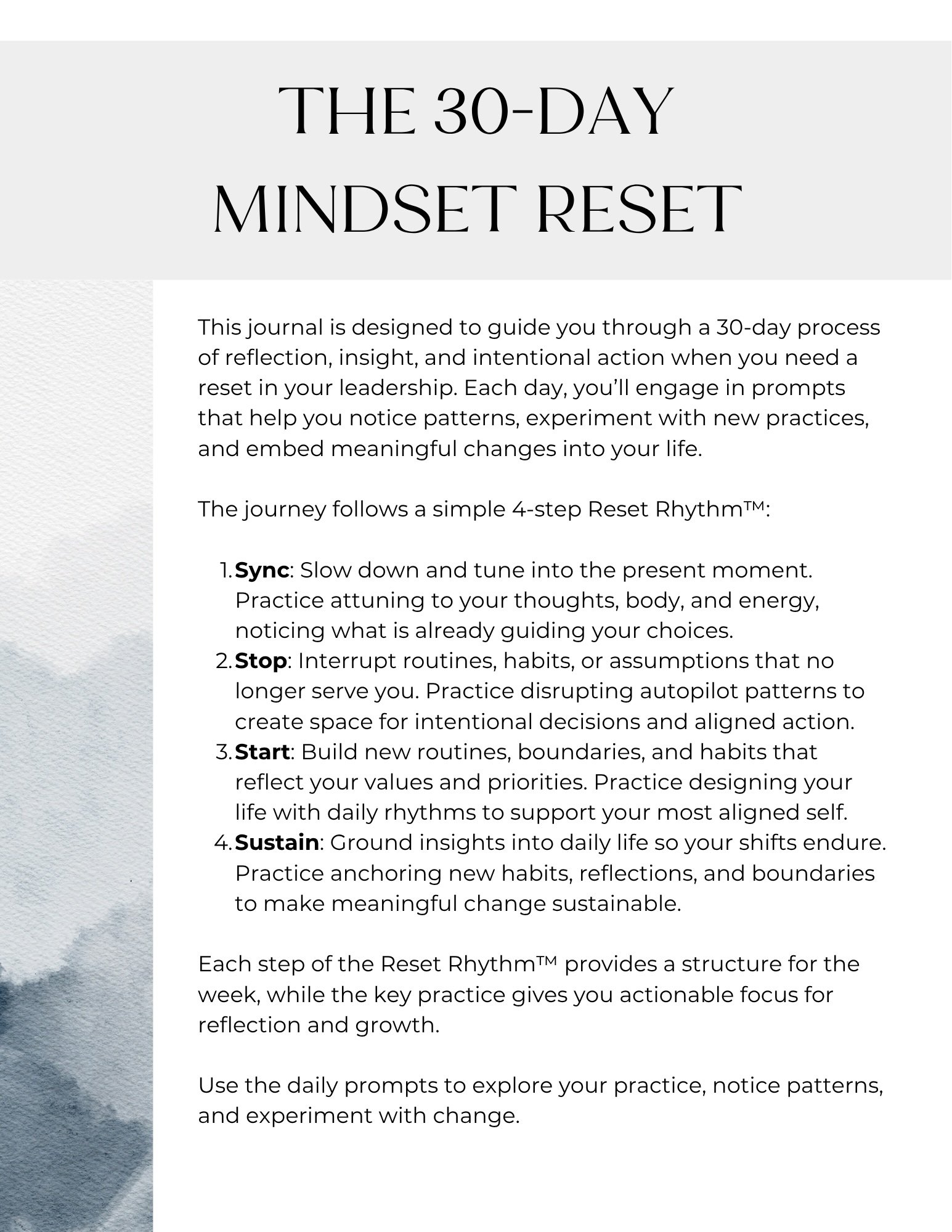 Introduction to the 30-day mindset reset, explaining the four-step Reset Rhythm: Sync, Stop, Start, Sustain