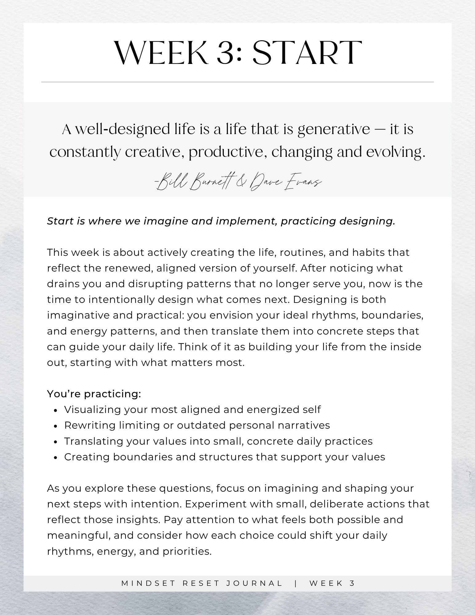 Week 3 of the mindset reset journal: Start, the practice of designing aligned new rhythms