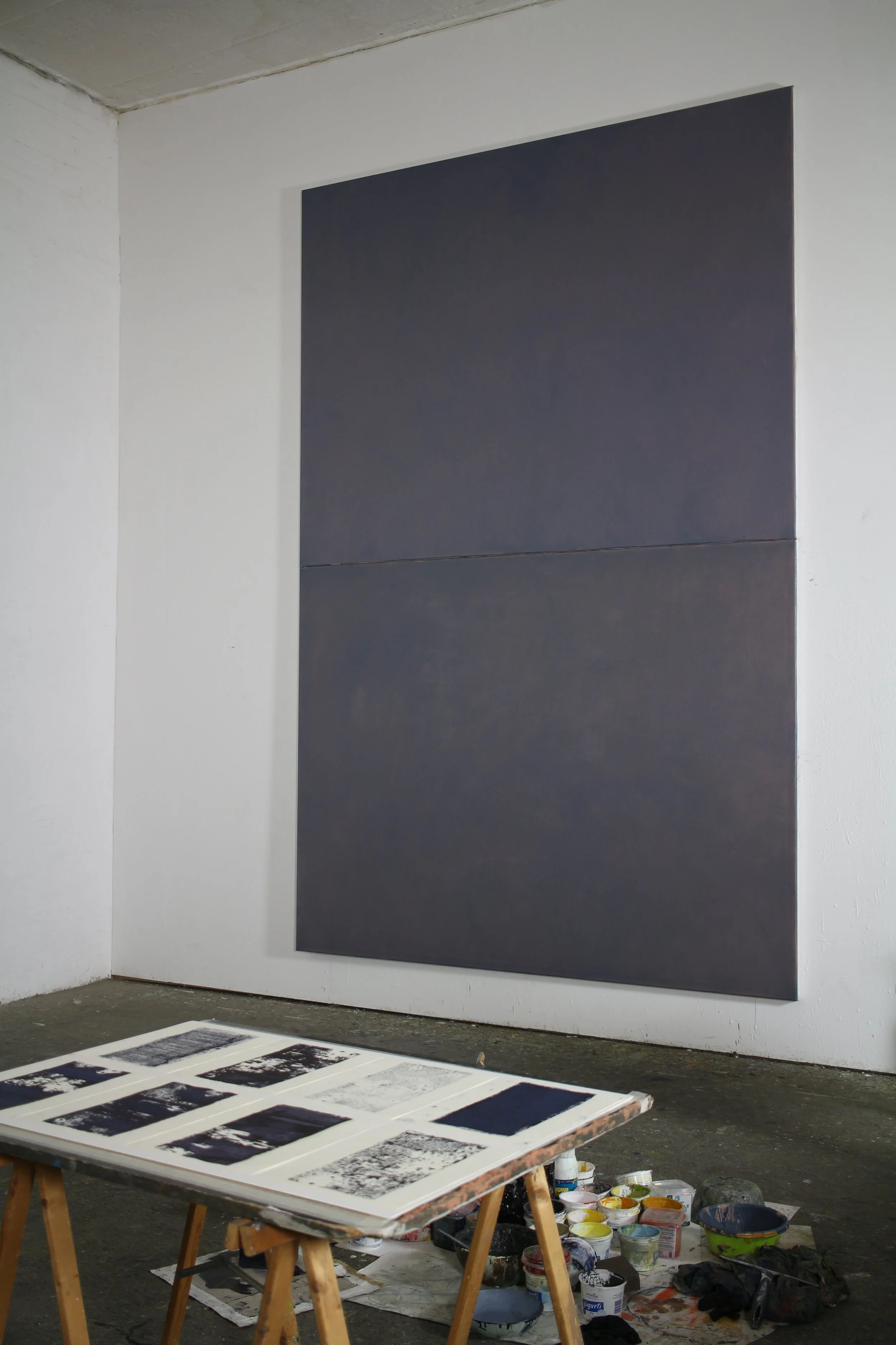 untitled (senza casa), 2025, oil on jute, 380 x 240cm, diptych, studio Berlin