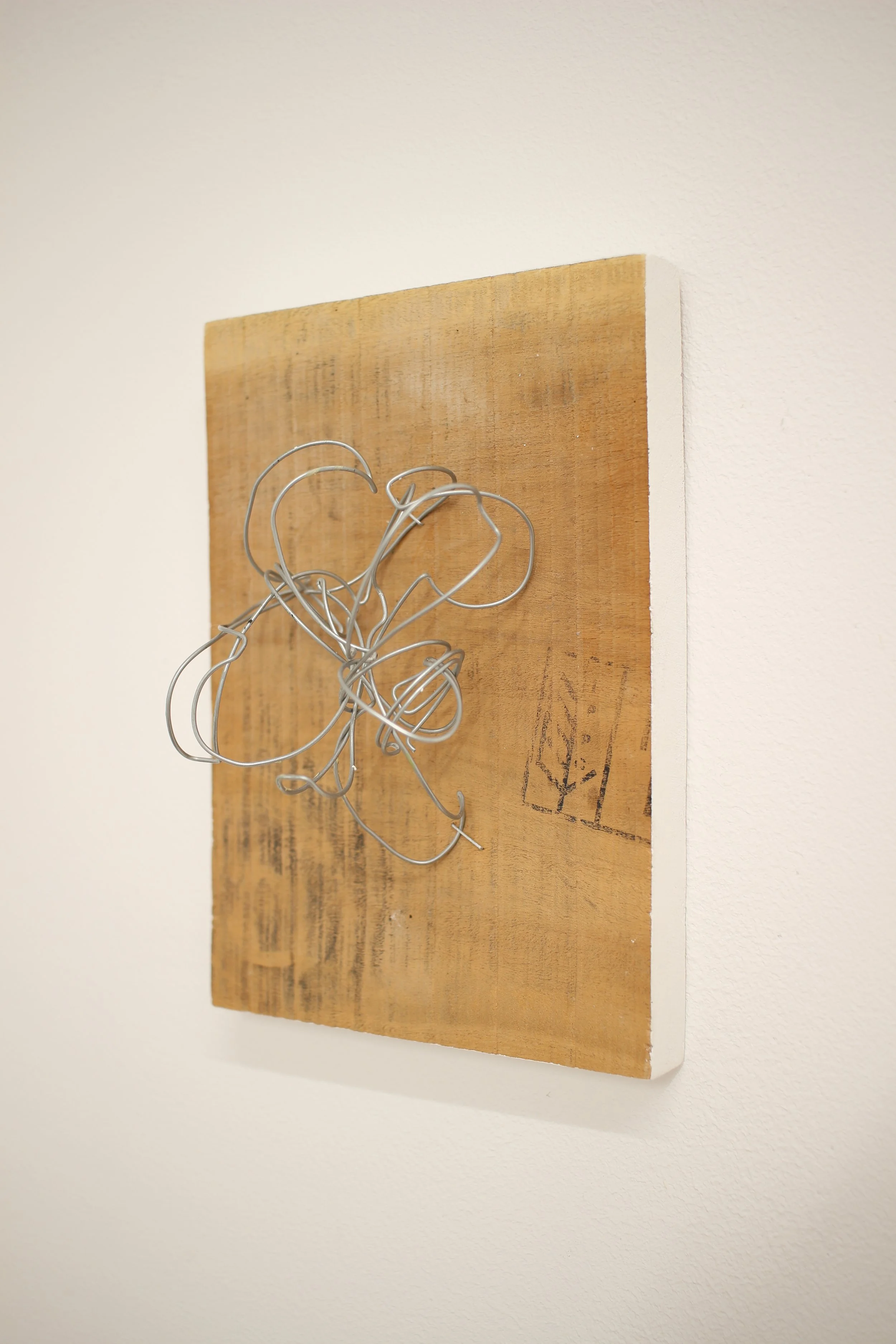 meridiana / 2026 / metal wire/staples/wallpaint on found wood 