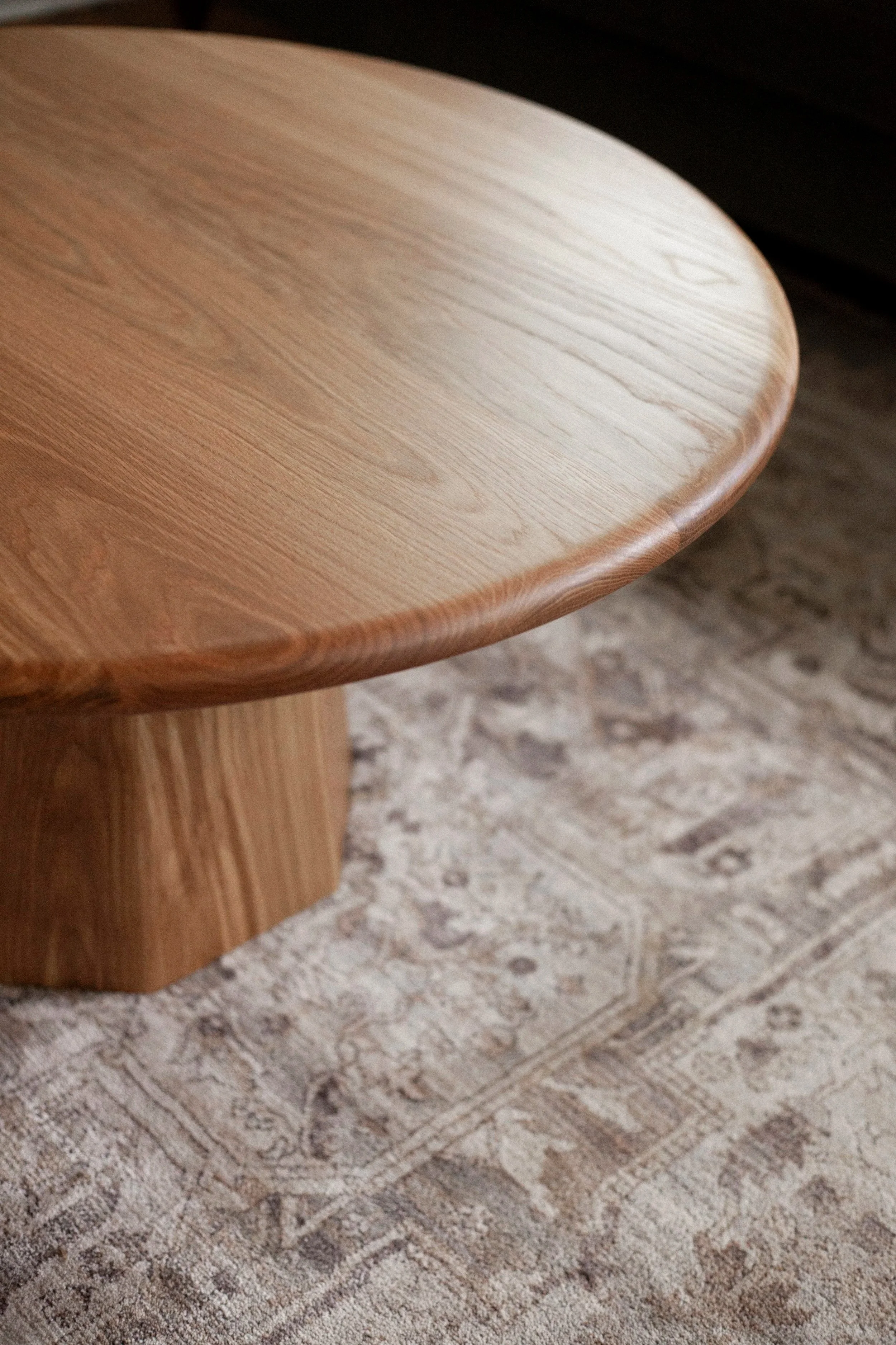 white oak pedestal coffee table with tung oil finish
