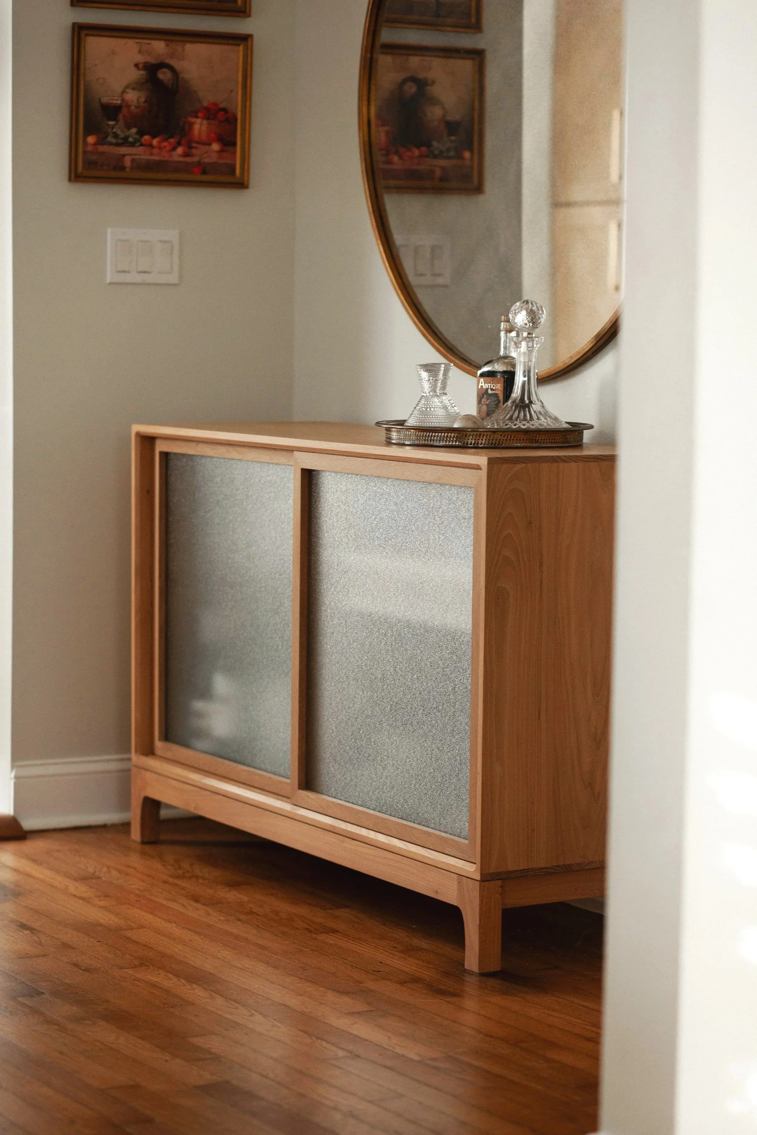 elm and white oak custom bar cabinet