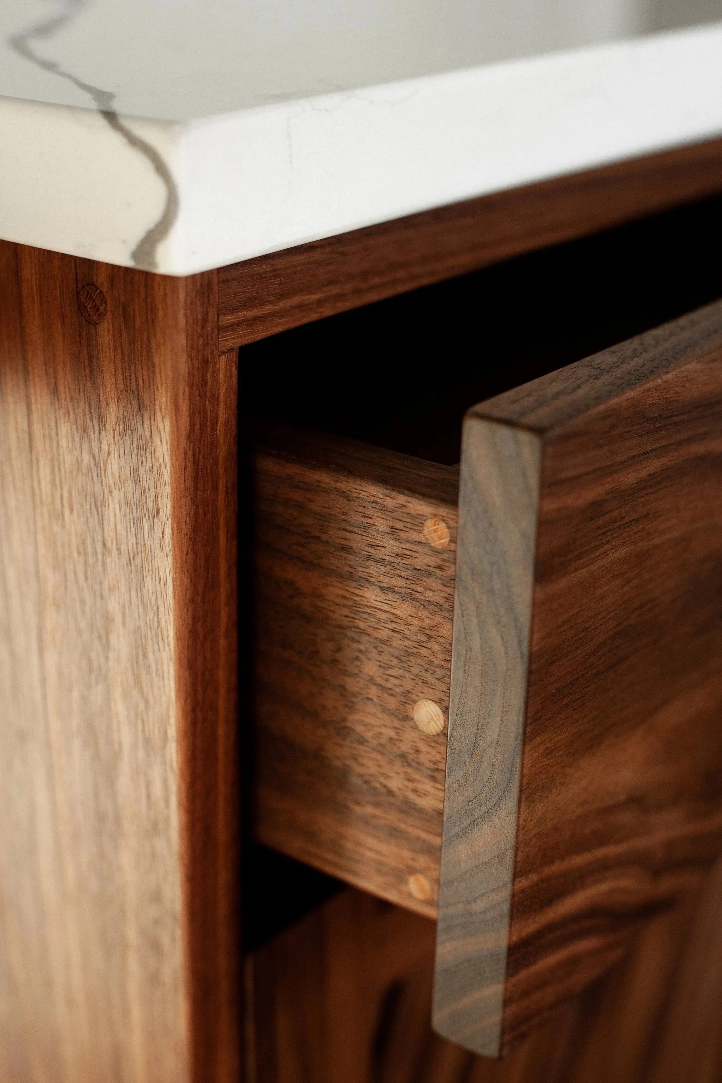 walnut bar cart with inset drawer and quartz countertop