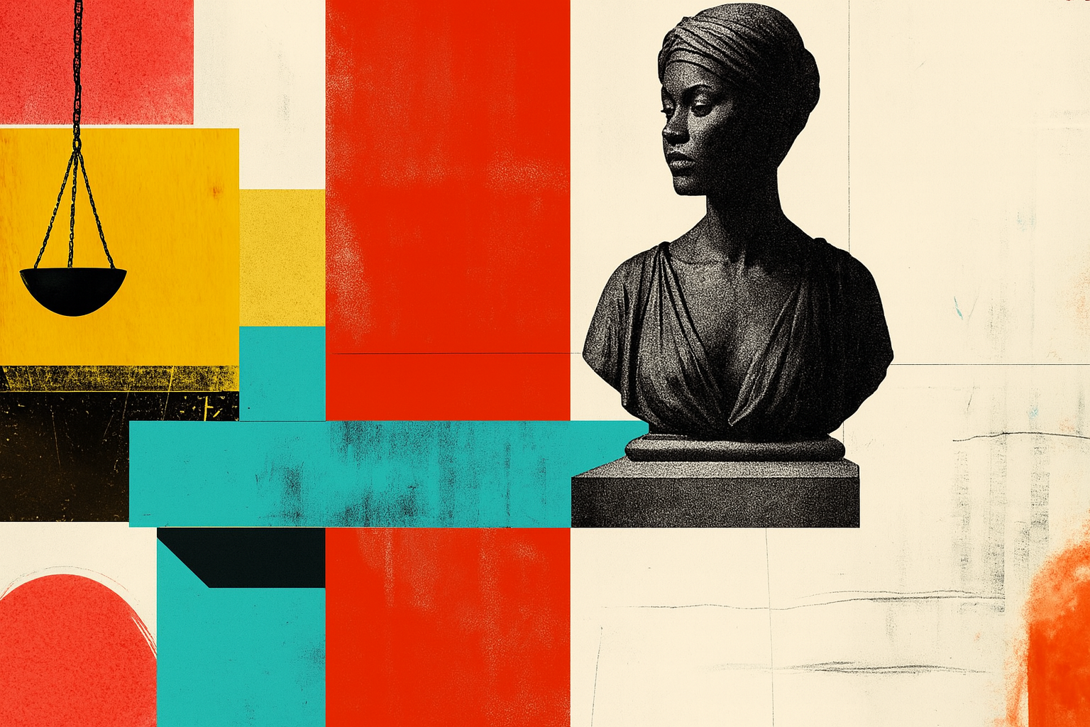 A digital collage featuring a classical bust of a woman on a pedestal, with her hair wrapped in a turban, placed against an abstract background of colorful geometric shapes including rectangles, squares, and a scale symbol.
