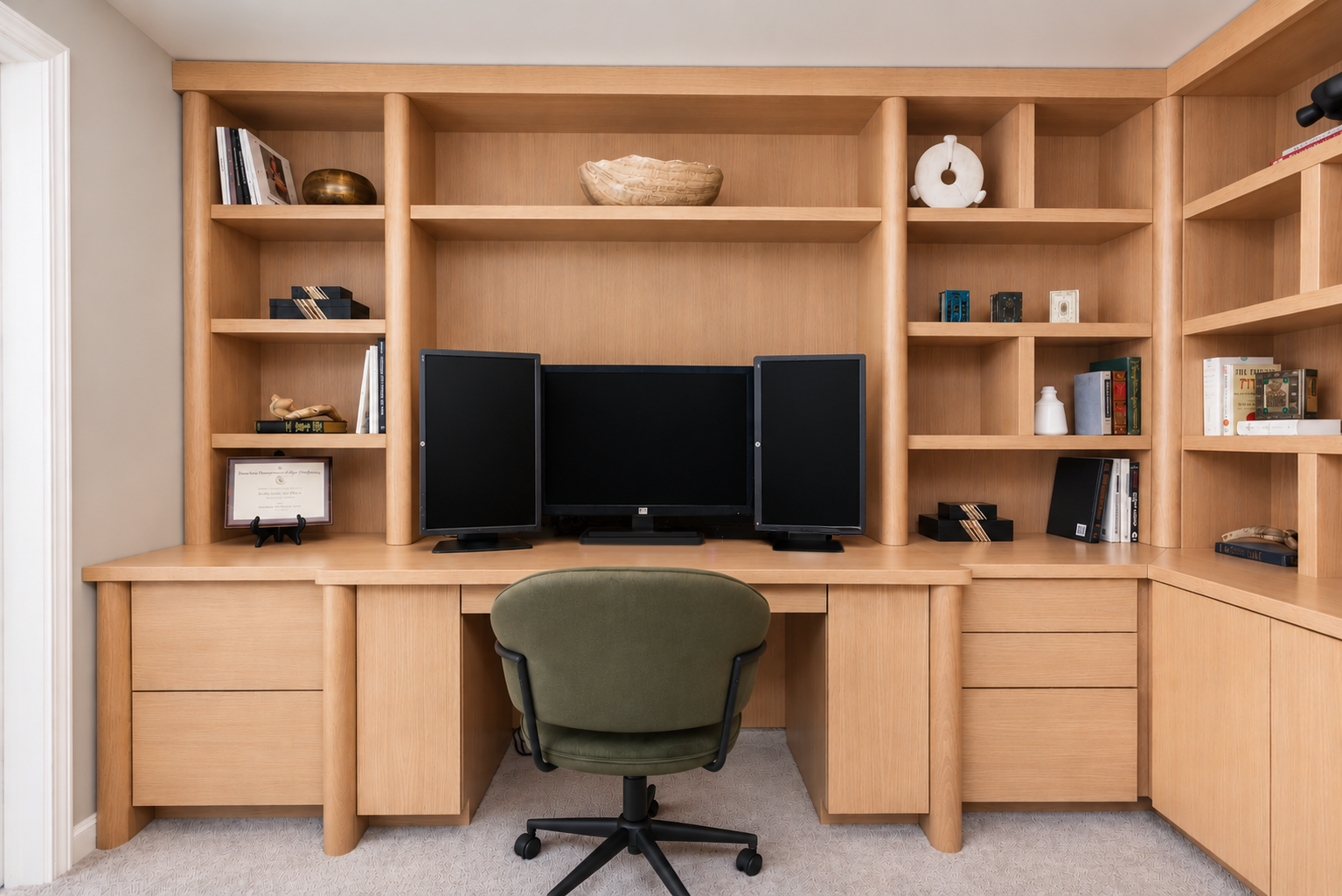 Custom home office in Cleveland featuring rift white oak built-in cabinetry, integrated desk, open shelving, and rounded mid-century details.