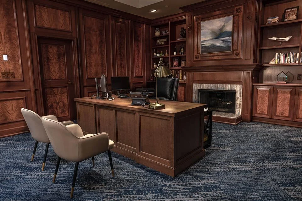 Custom mahogany wood paneling in executive office with mohawk group ecosphere carpet tile in lagoon Cleveland Ohio