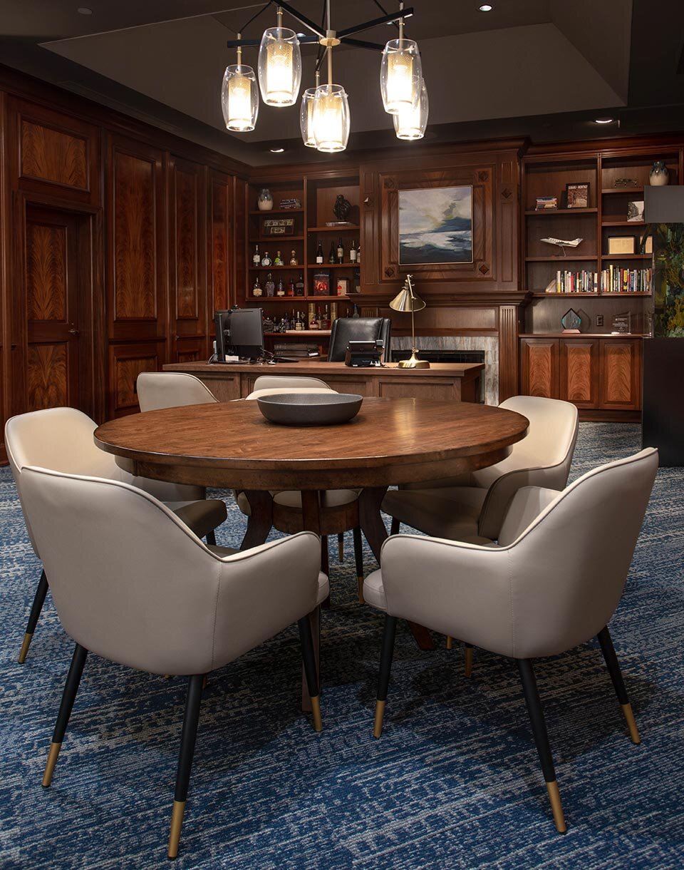 Conference table in executive office with Savoy House Dunbar 6 Light Pendant Cleveland Ohio