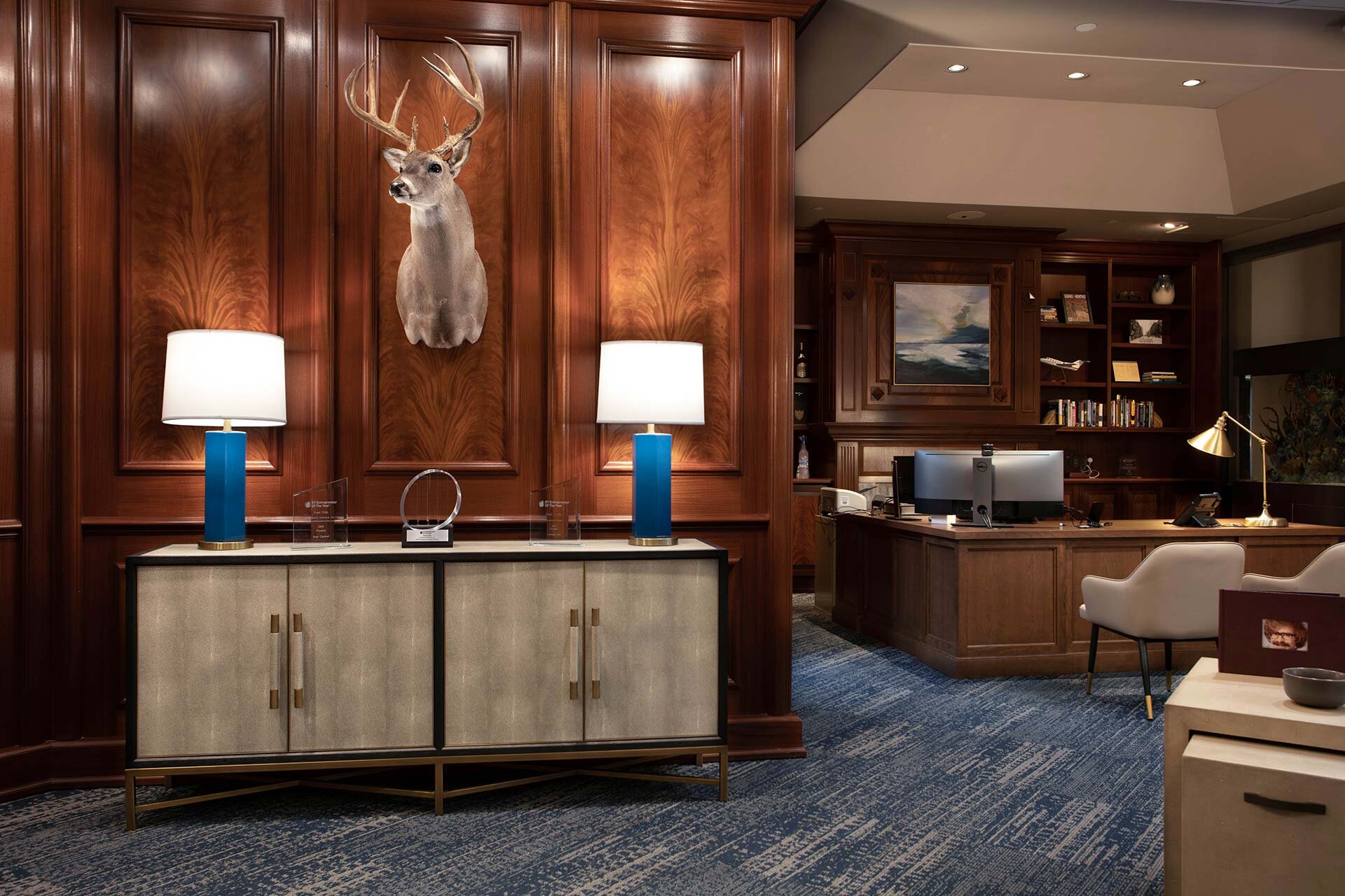 Executive Office with custom mahogany wood paneling and matching custom wood desk Cleveland Ohio
