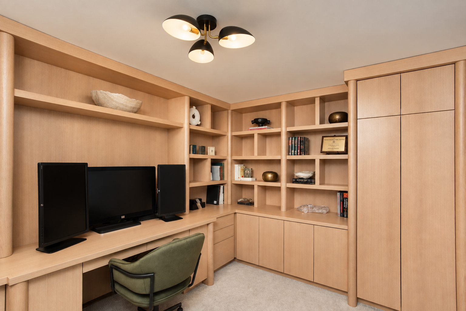 Custom rift white oak home office cabinetry featuring floor-to-ceiling shelving, an integrated workstation, minimal hardware, and warm wood finishes.