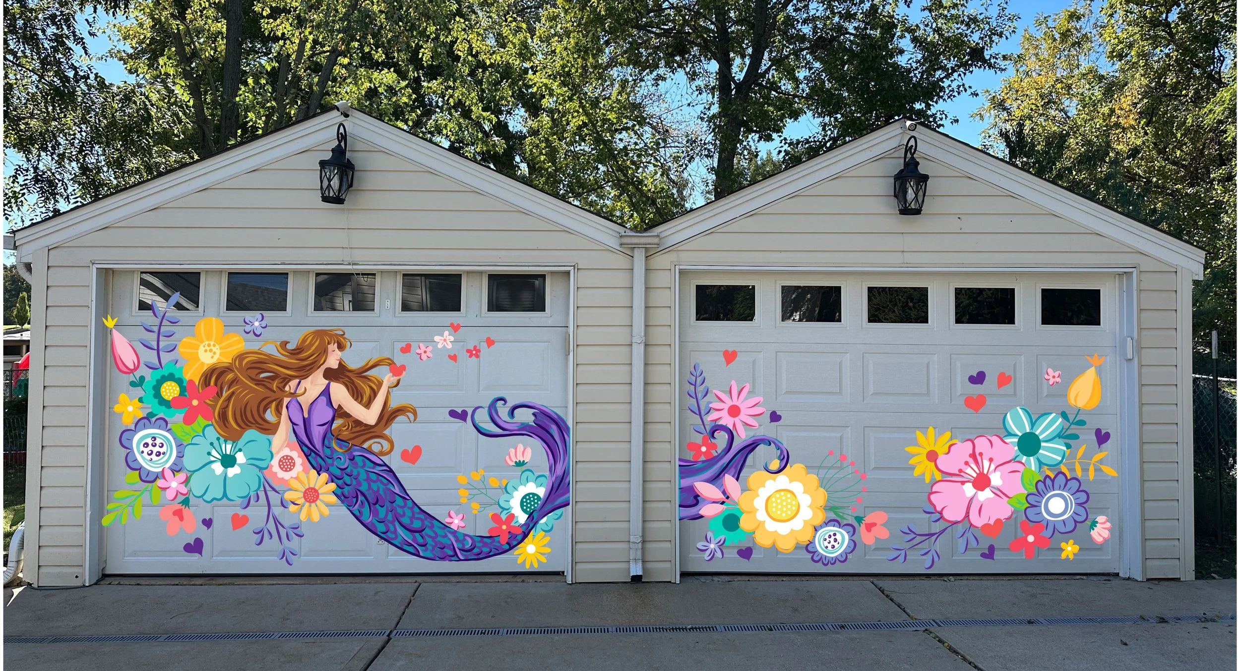 Mermaid and flowers on garage doors