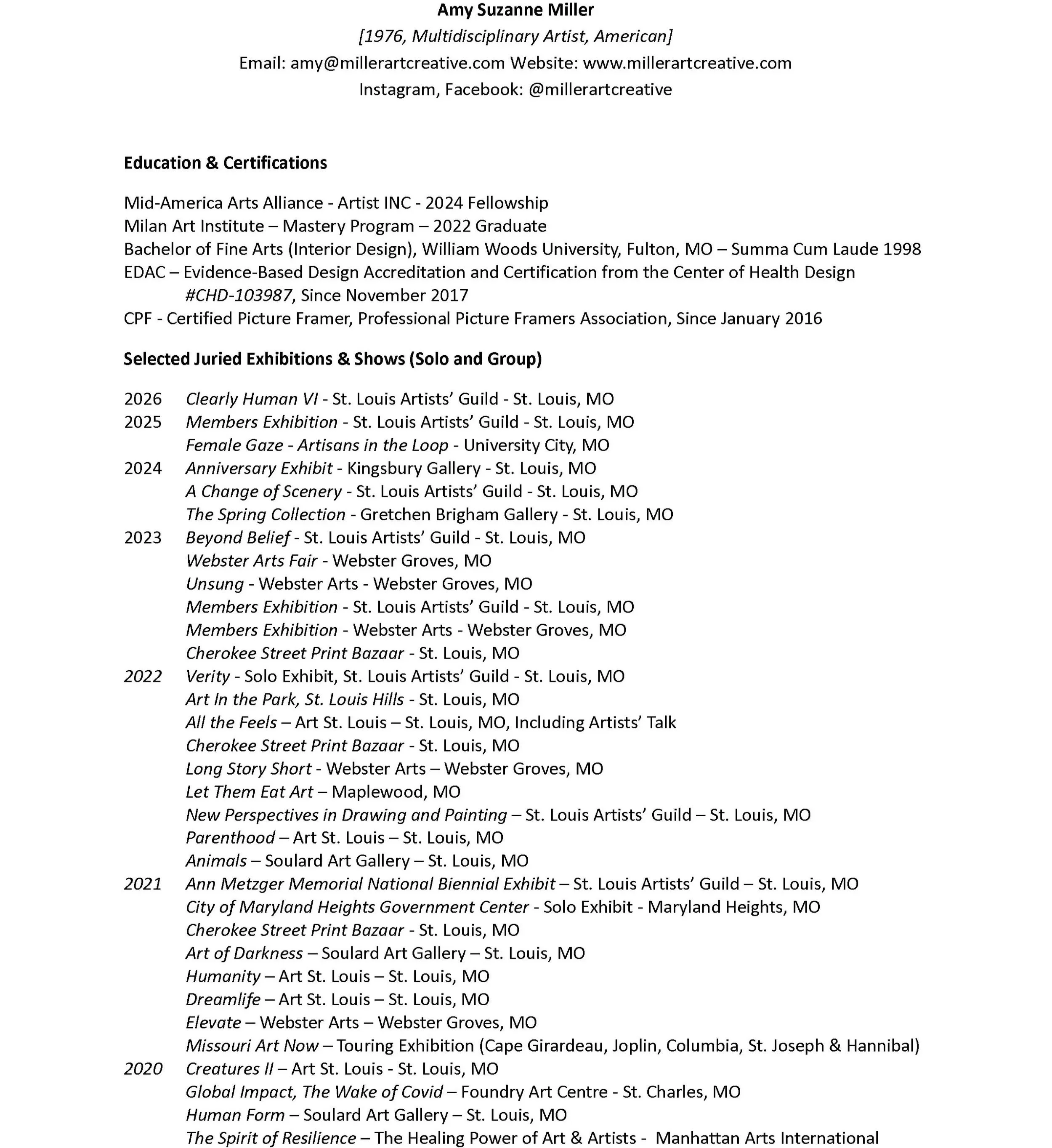 A detailed professional resume for Amy Suzanne Miller, including her education, certifications, and selected art exhibitions from 2020 to 2026, with contact information and online profiles.