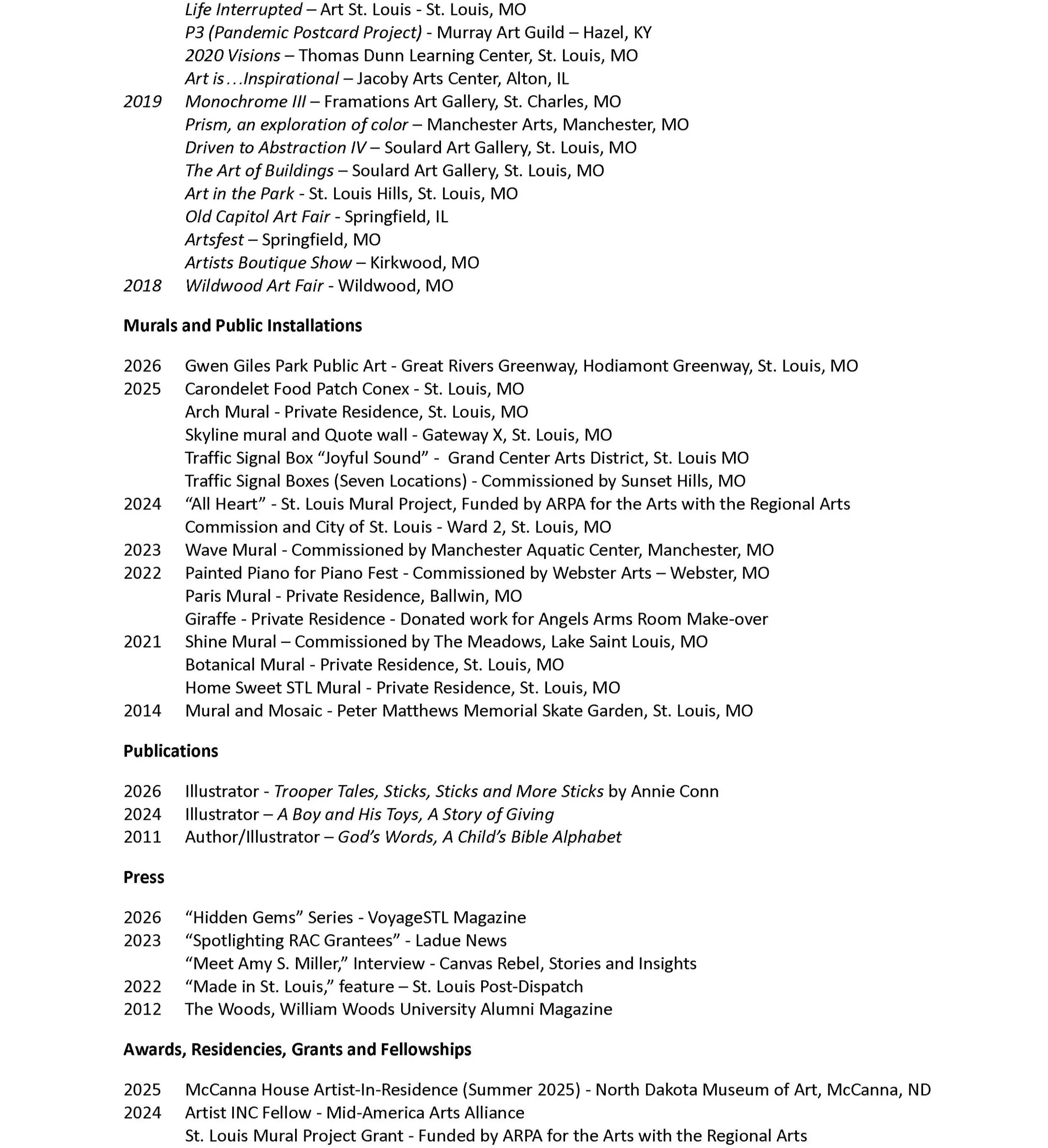 This is a list of art exhibitions, projects, and publications from various years, including locations and themes such as murals, public installations, and illustrations, related to different art institutions and community projects.