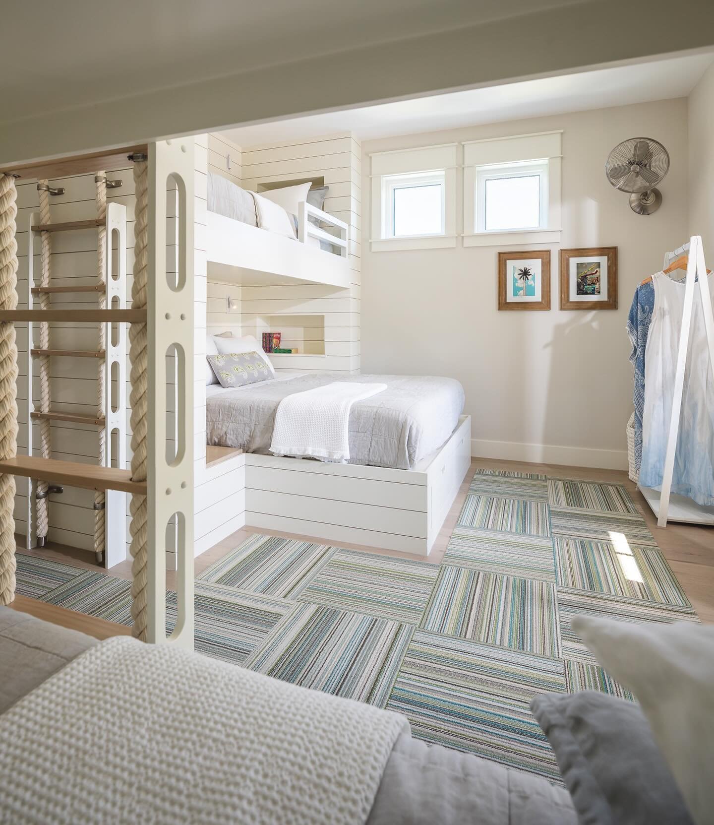 I always design with planet positive choices like these super cute carpet tiles from @florsquares. Made from recycled fibers, carpet tile fits the bill for unconventional footprints like in our custom bunk room. 

#FlortheFuture
#floridadesign #flori