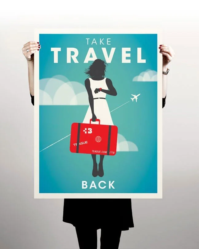 Poster feating a women with a suitcase looking at her watch