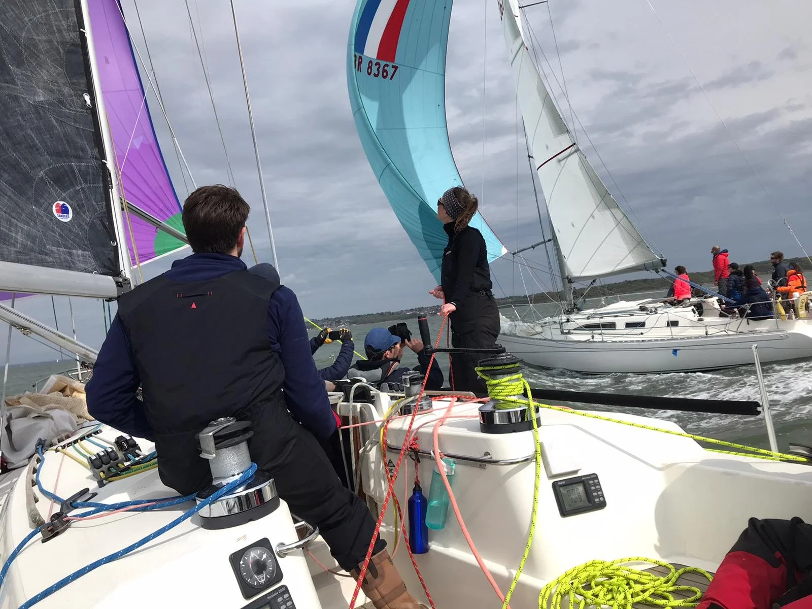 Kindred Spirit and Rho racing either downwind in the Solent