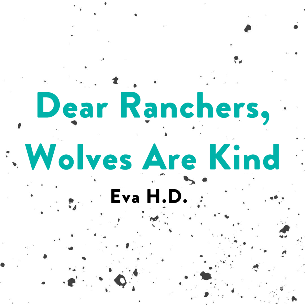      

 
   Dear Ranchers, Wolves Are Kind  by Eva H.D.  Wolves are good. Wolves love cream cheese.  A wolf walked my daughter home once, gratis, without ever trying to steal a kiss or jugular.  Wolves laugh, too, just like coyotes and landlords.  Wo