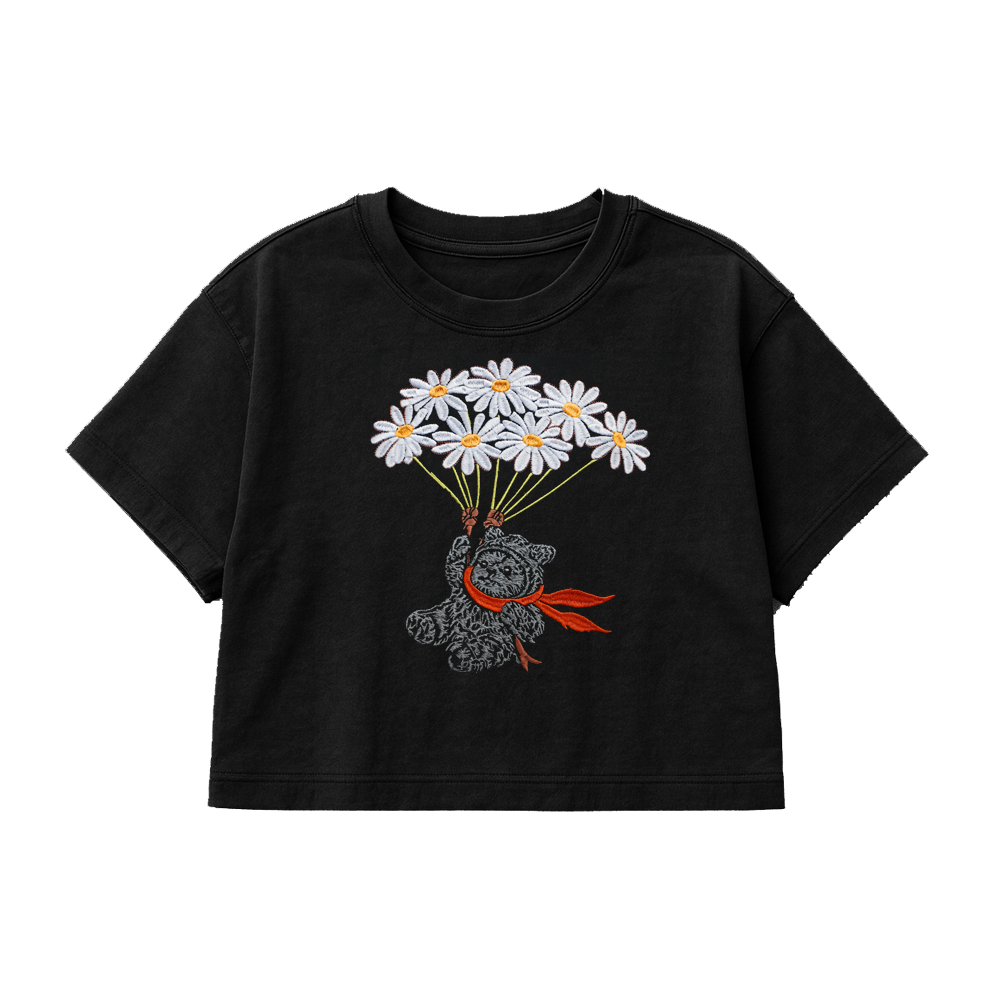 PREMIUM OVERSIZED CROPPED TEE  DAISIES  - SOLID BLACK   [ULTRA PREMIUM]