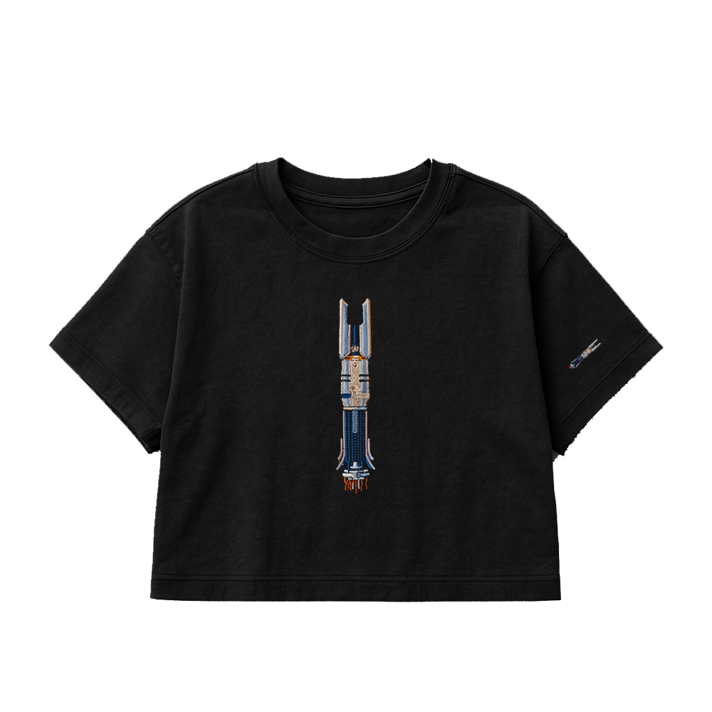 PREMIUM OVERSIZED CROPPED TEE BROKEN HILT EMBROIDERED - SOLID BLACK   [ULTRA PREMIUM]