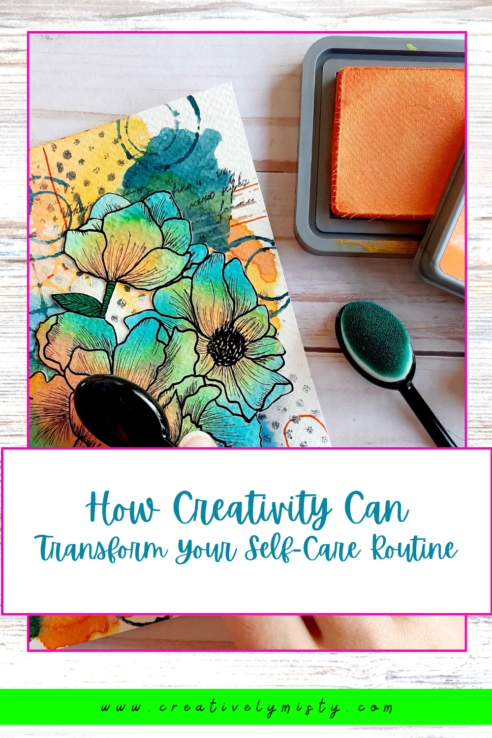 Pinable title image with mixed media art and supplies laying on table